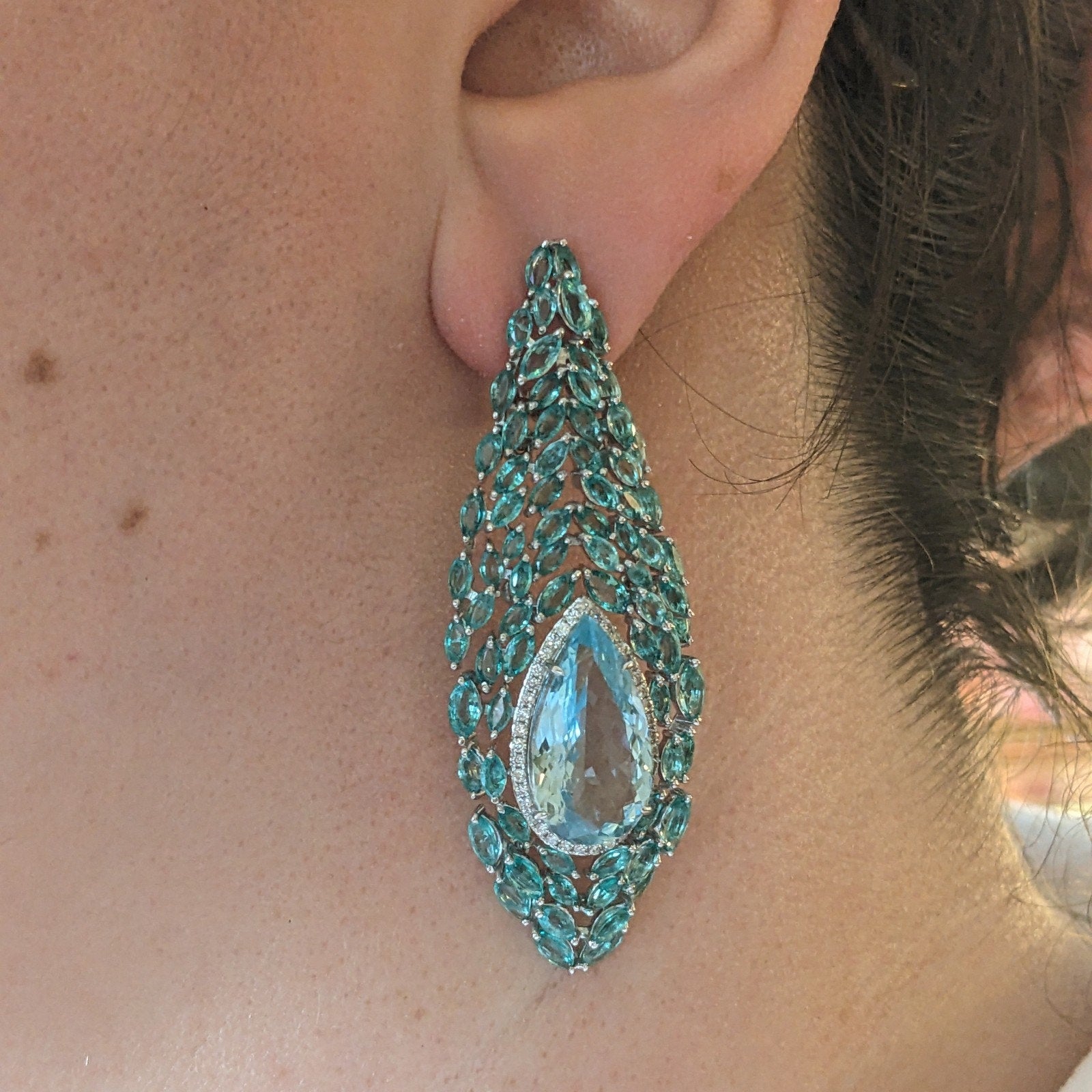 Aquamarine, Emerald and Diamond Peacock Earrings in 18k White Gold