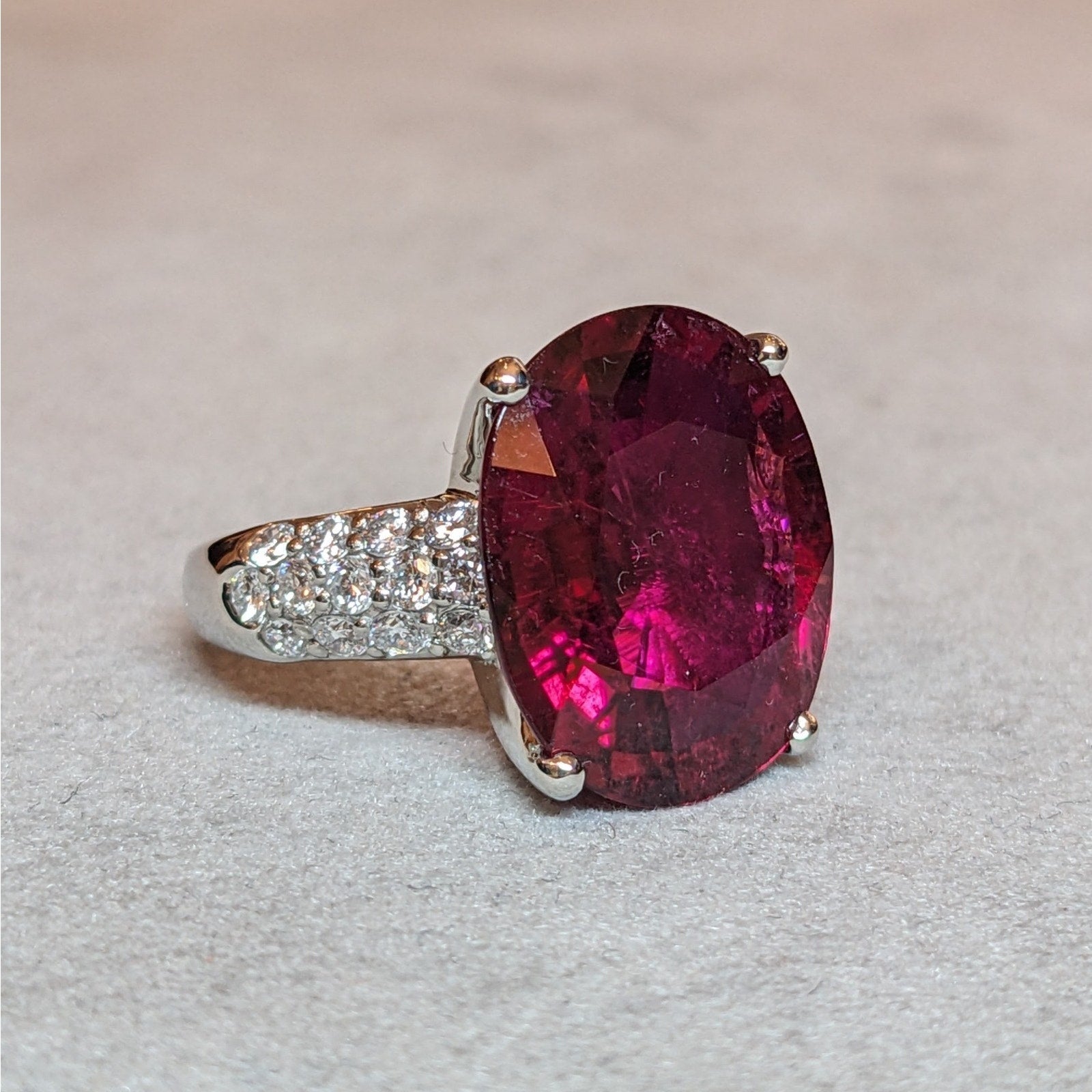 GIA 10.25ct Oval Rubellite Cocktail Ring with Diamonds in Platinum