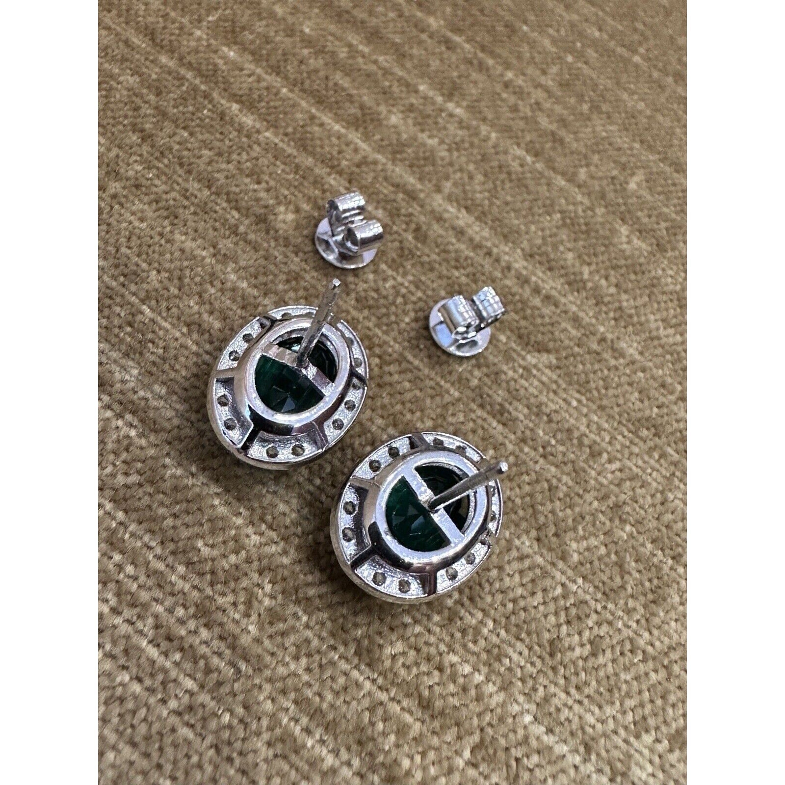 Natural Oval Emerald Stud Earrings with Diamond Halo in 14k White Gold
