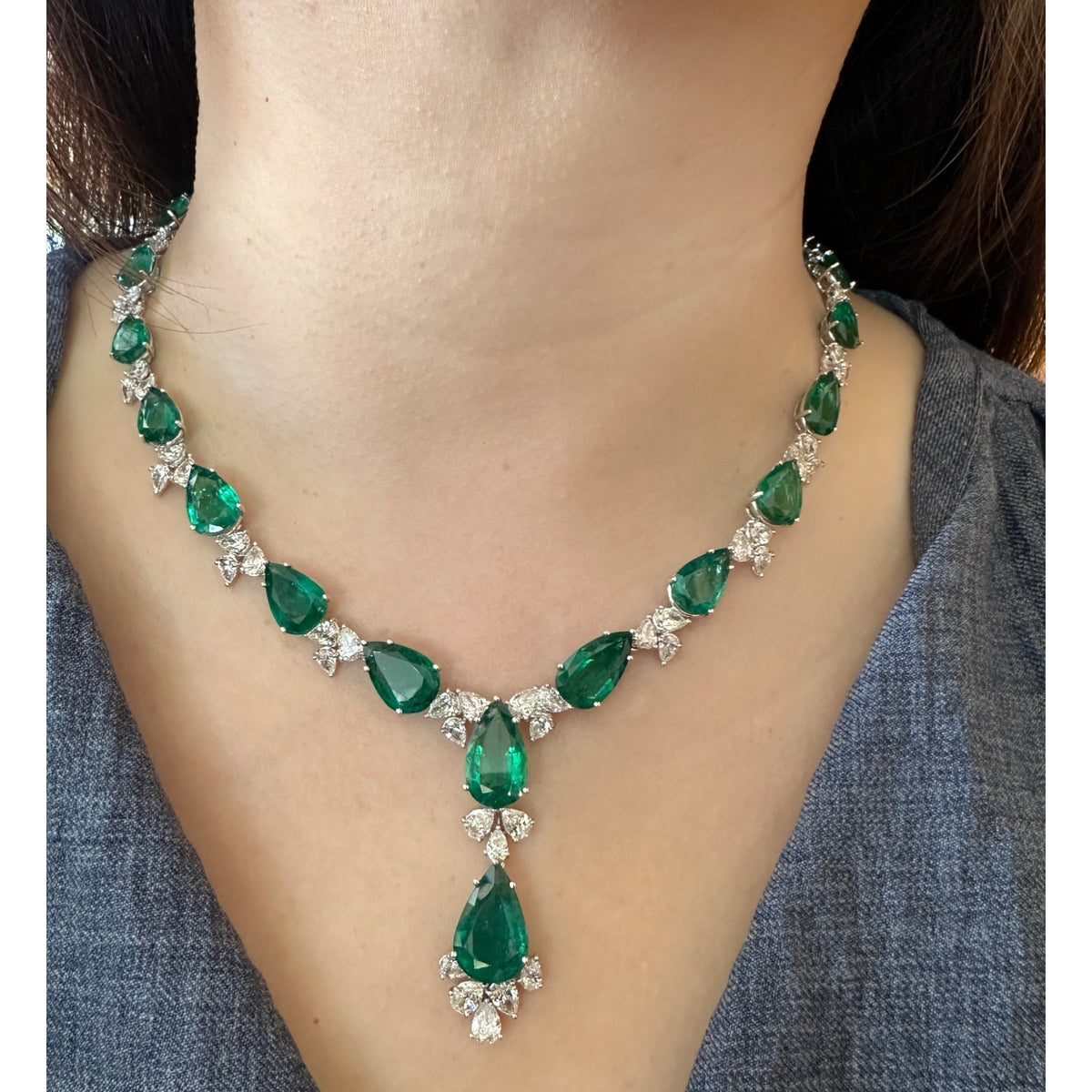 AGL Pear Emerald & Diamond Necklace Earrings Set in 18k White Gold