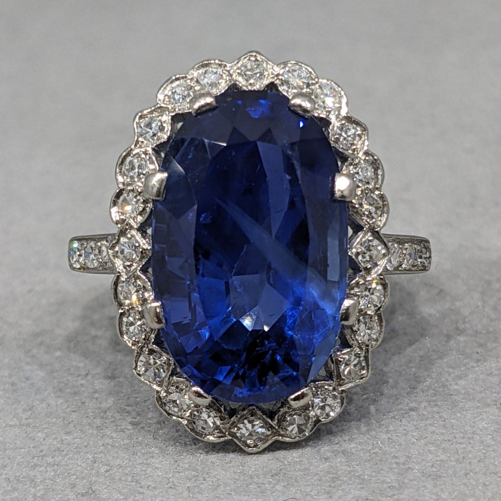 GIA 12.81 ct Unheated Burma Sapphire Vintage Diamond Ring in Platinum