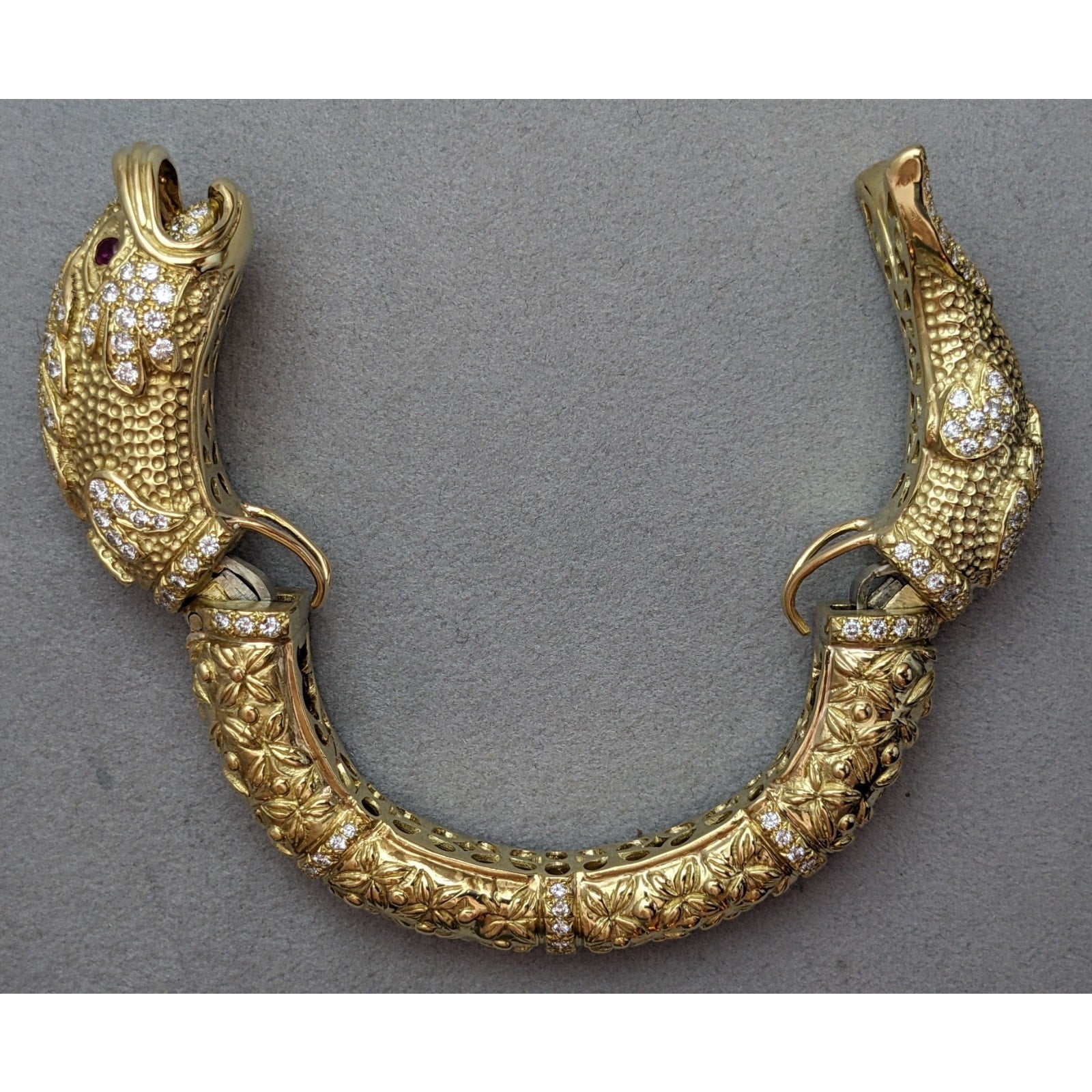 Heavy Diamond Hinged Fish Cuff Bracelet in Textured 18k Yellow Gold