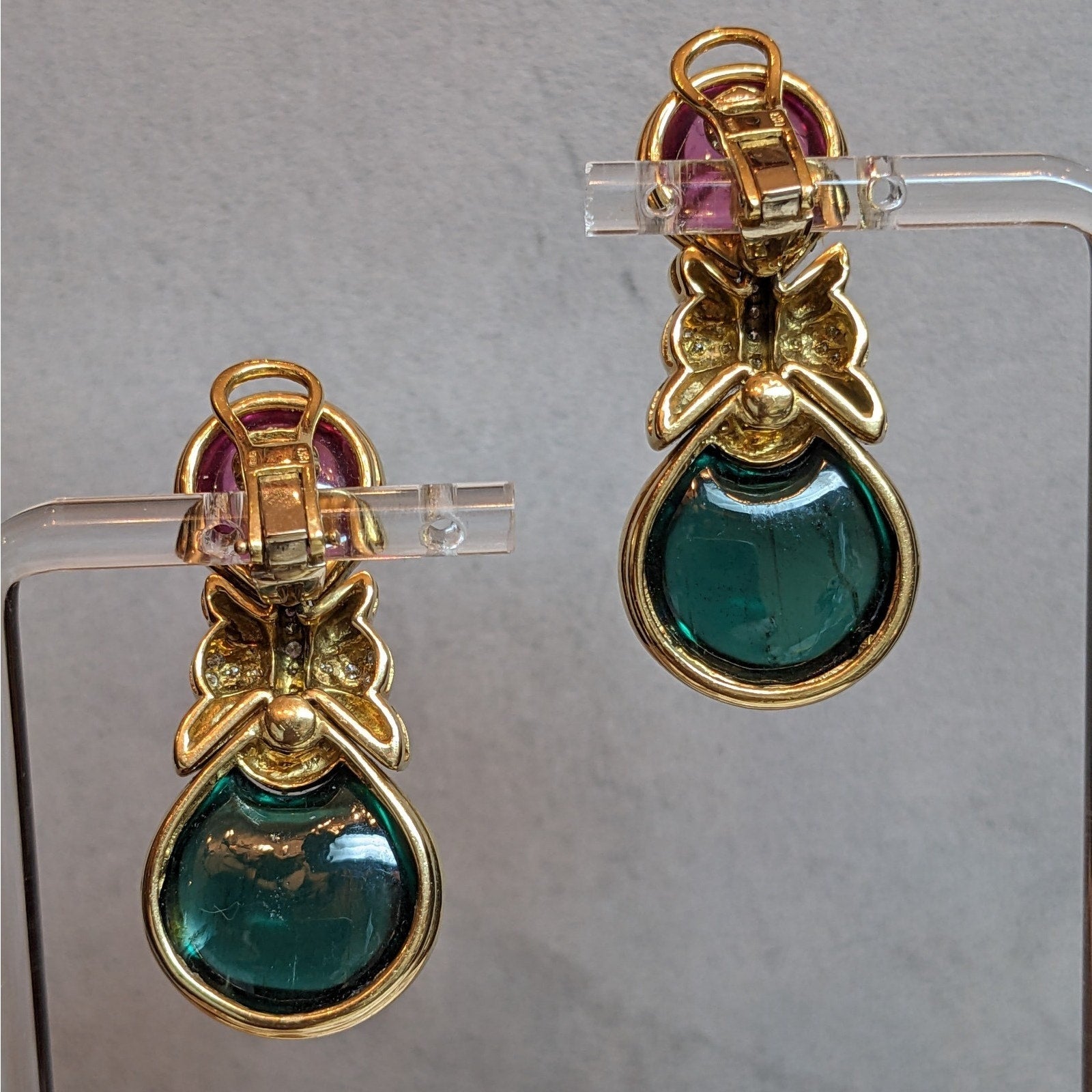 Pink Sapphire, Green Tourmaline & Diamond Drop Earrings in 18k Gold