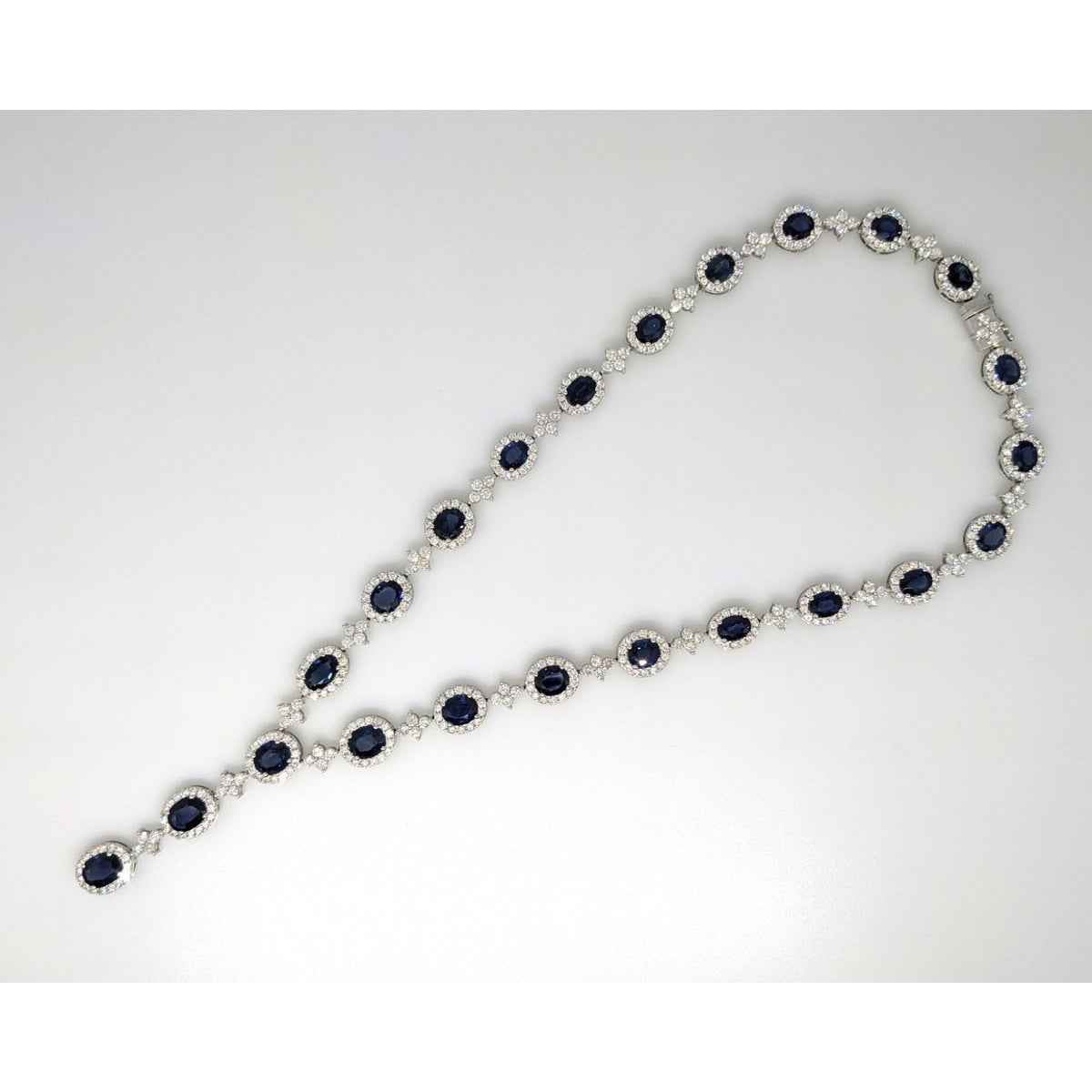 Natural Sapphire & Diamond Y-Drop Necklace in 18k White Gold