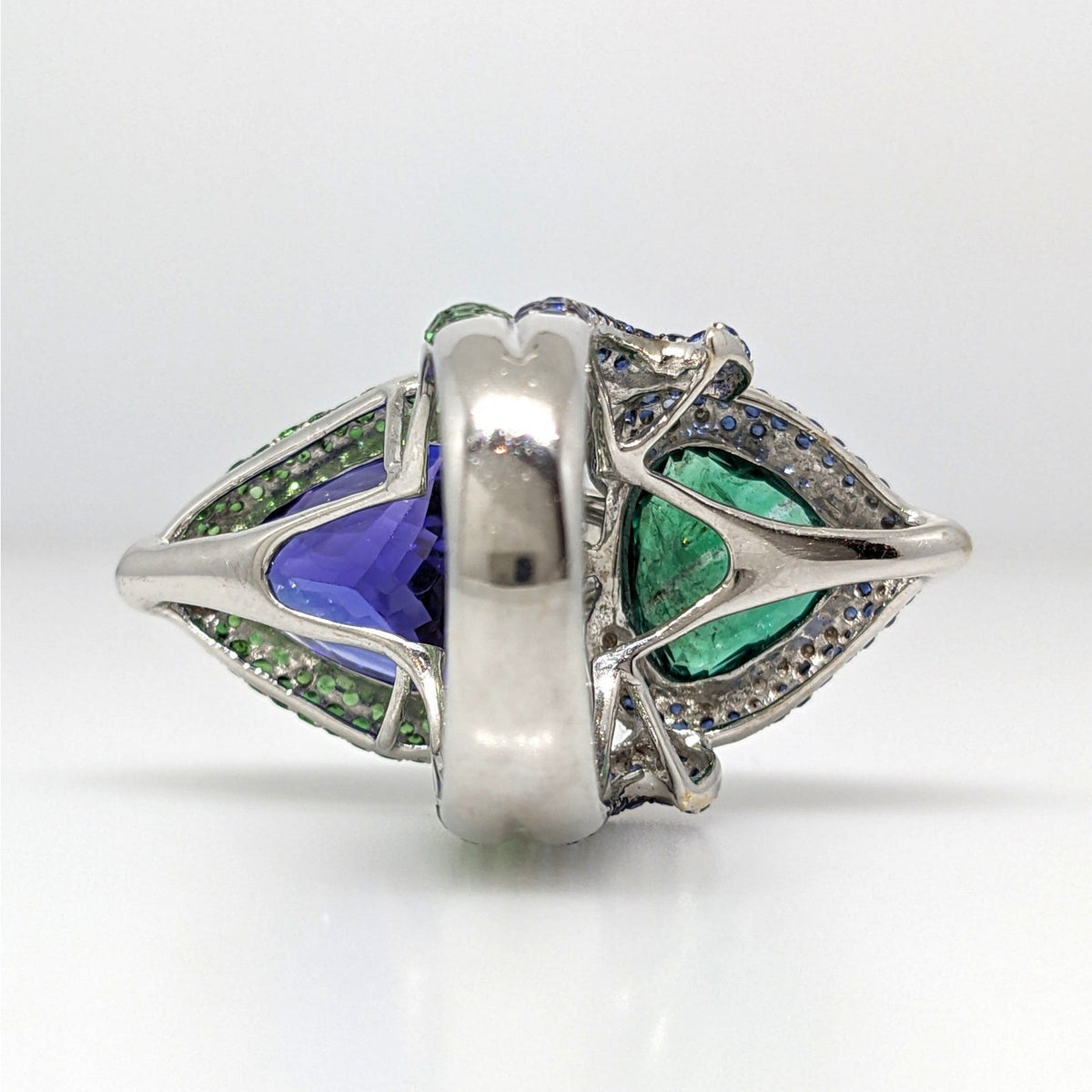 GIA Natural Emerald and Tanzanite and Diamond Ring in 18k White Gold