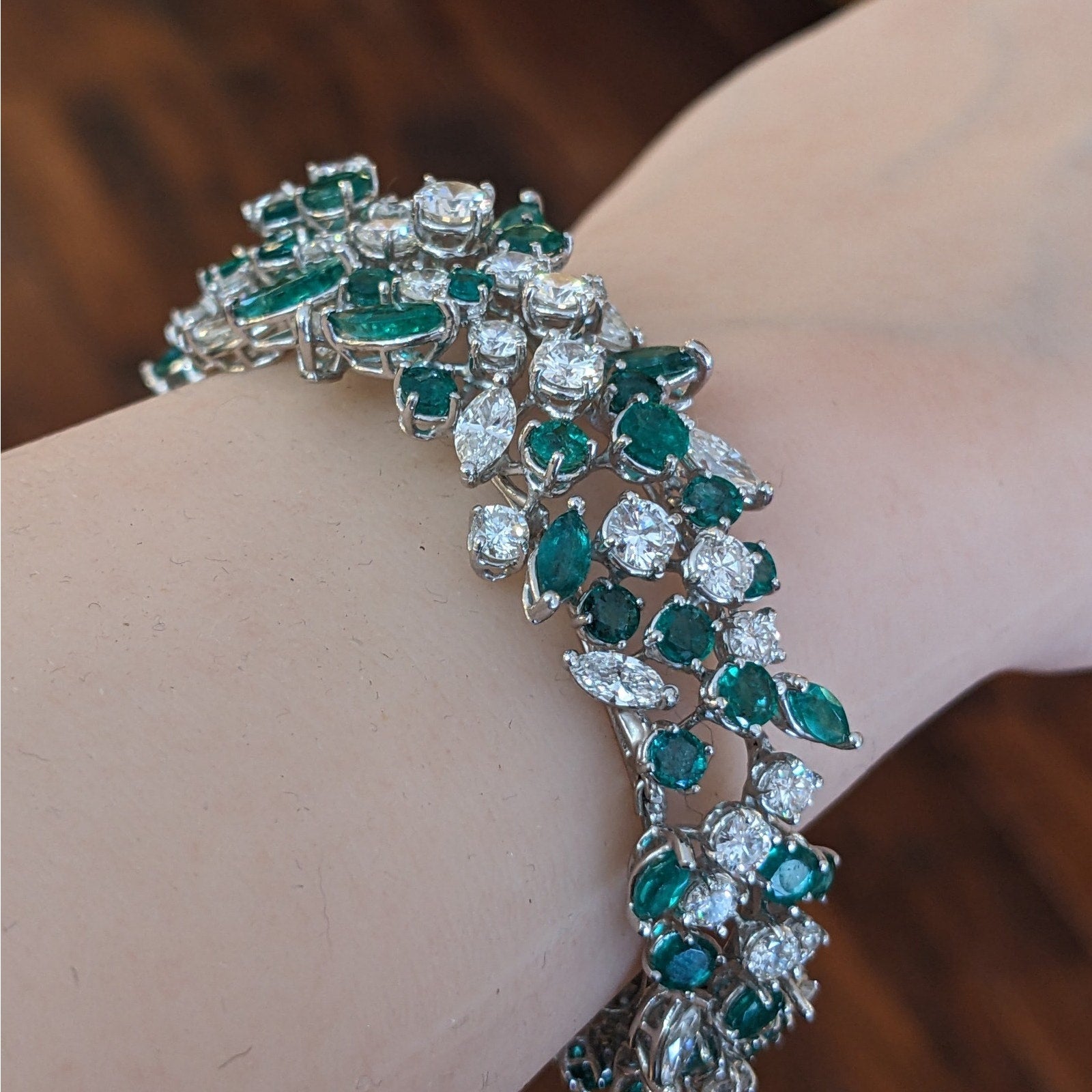 Round and Marquise Diamond and Emerald Cluster Bracelet in Platinum & 14k