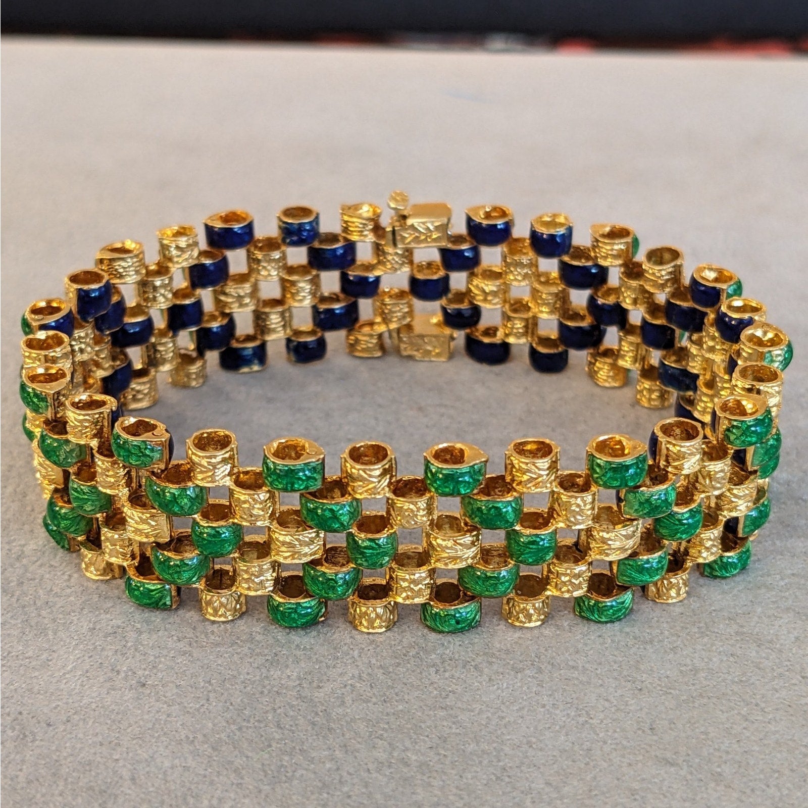 Vintage Blue Green Enamel Link Reversible Bracelet in 18k Yellow Gold