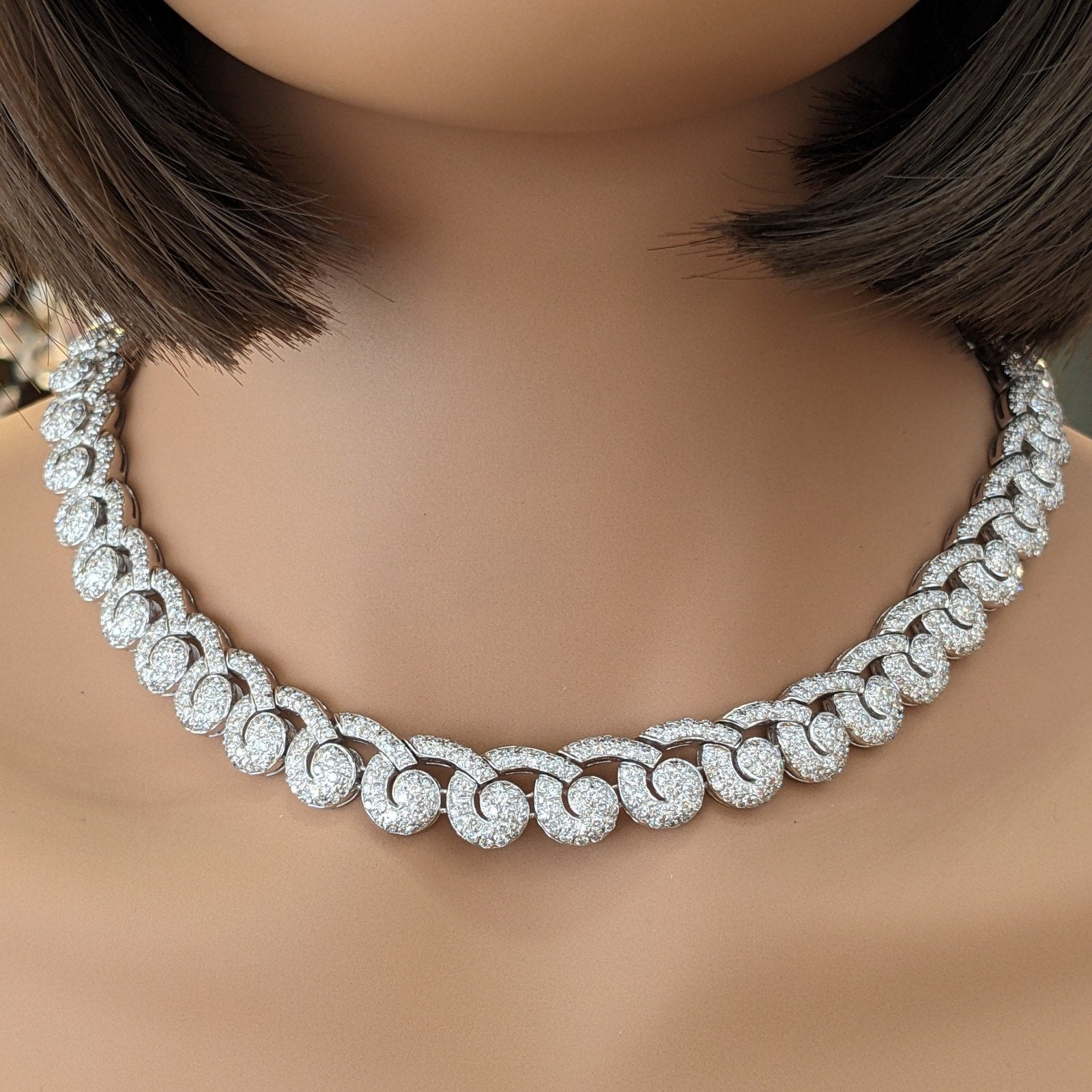 Pave Diamond Scroll Link Choker Necklace in 18k White Gold