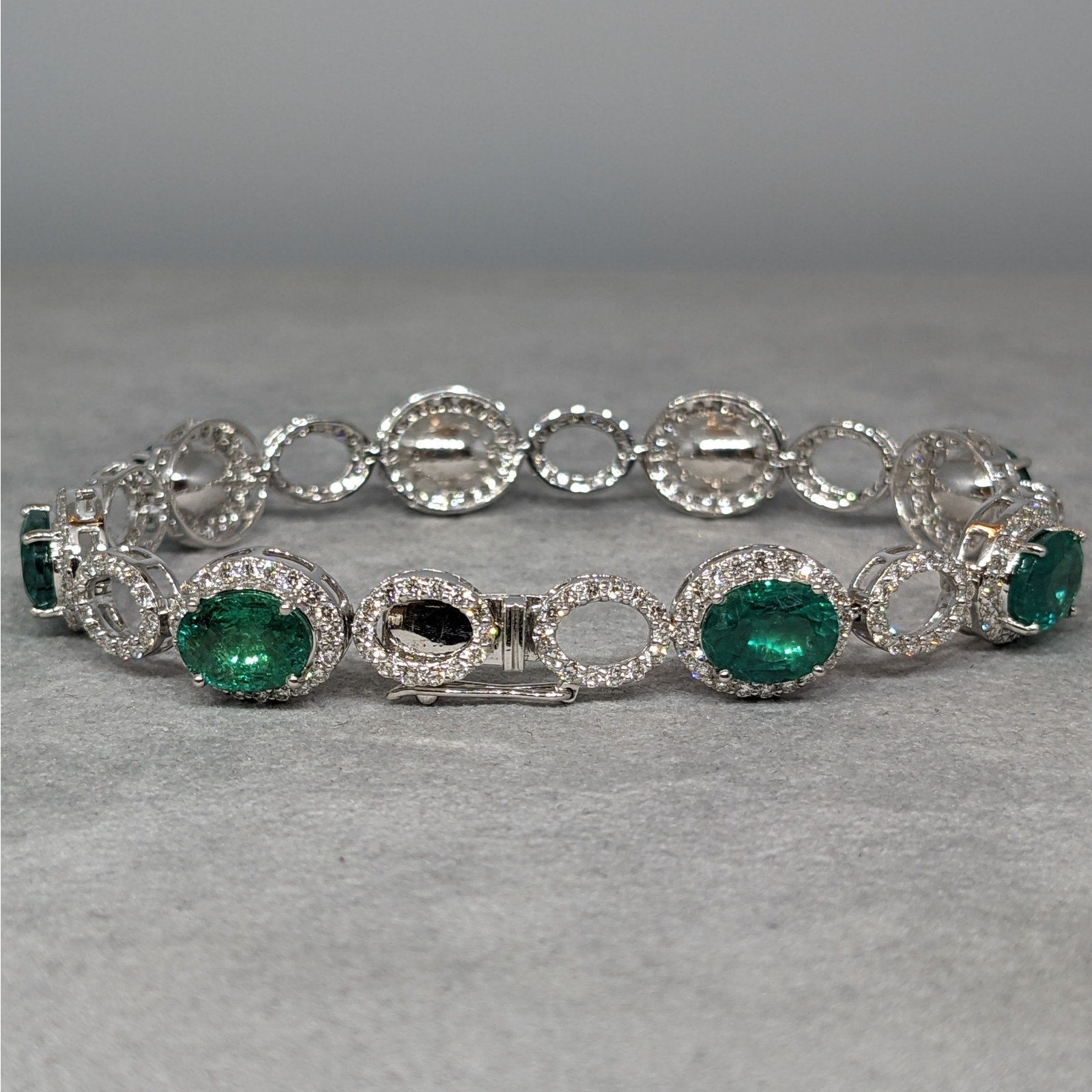 GIA Oval Emerald and Diamond Link Bracelet in 18k White Gold