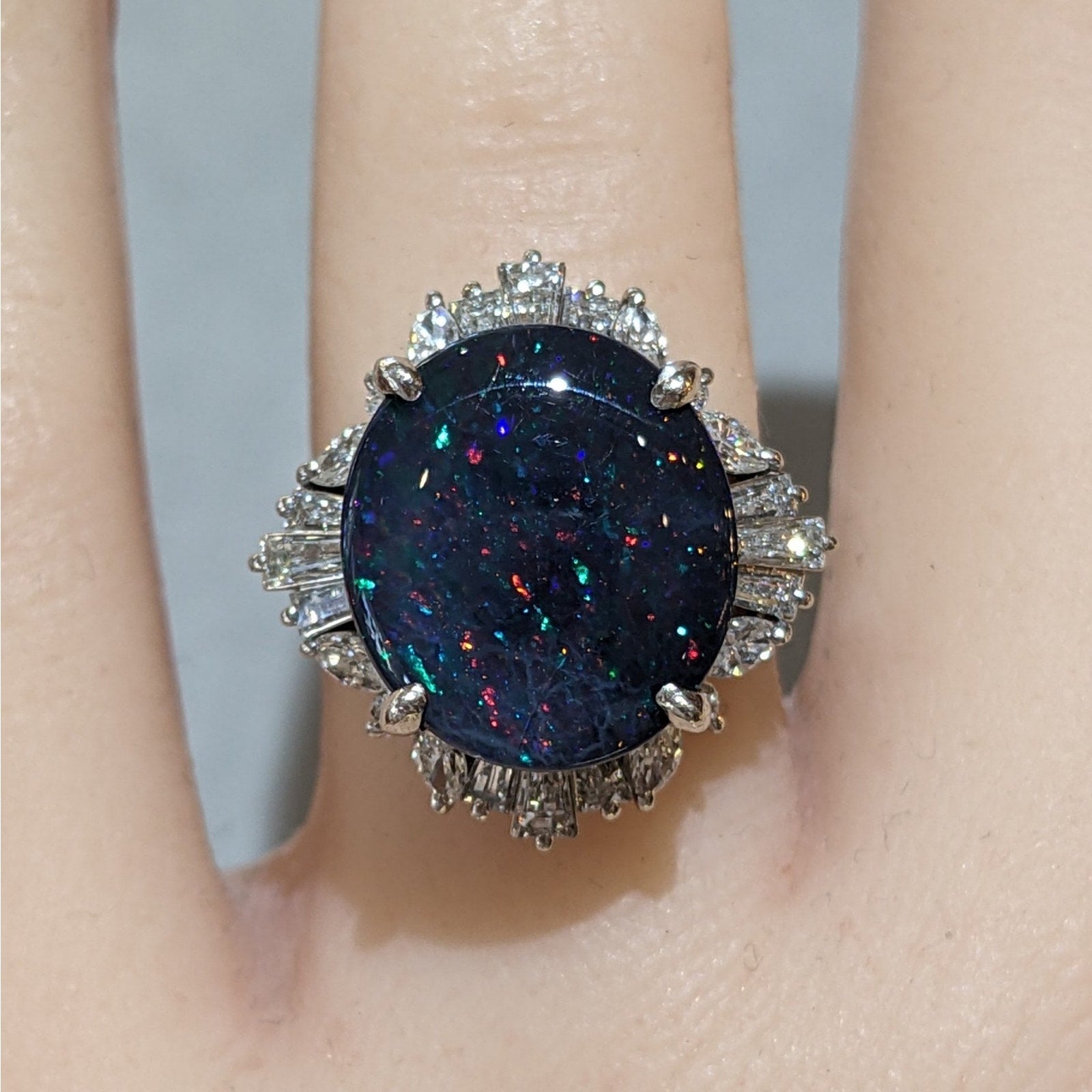 Natural 6.67 ct Black Opal & Diamond Ring in Platinum