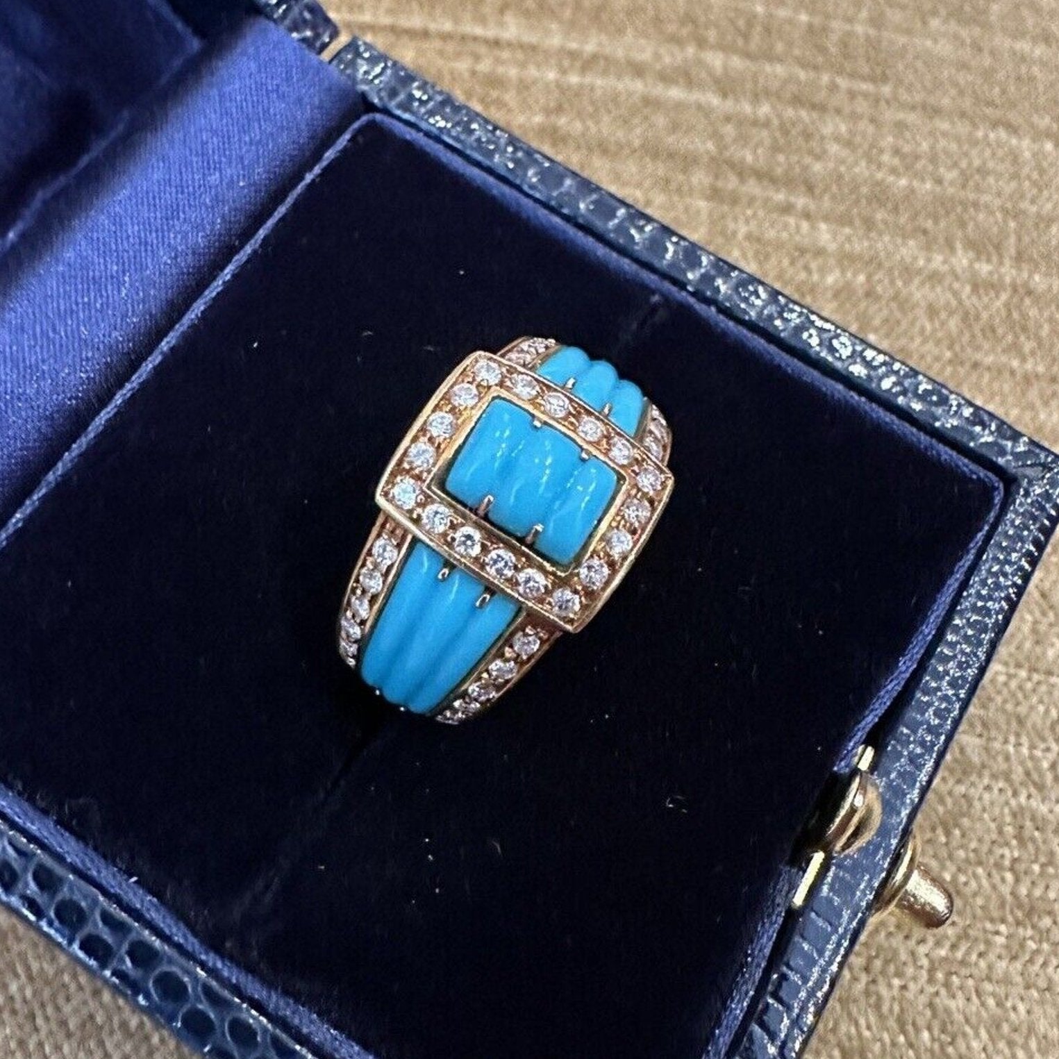 Estate Turquoise and Diamond Band Ring in 18k Yellow Gold