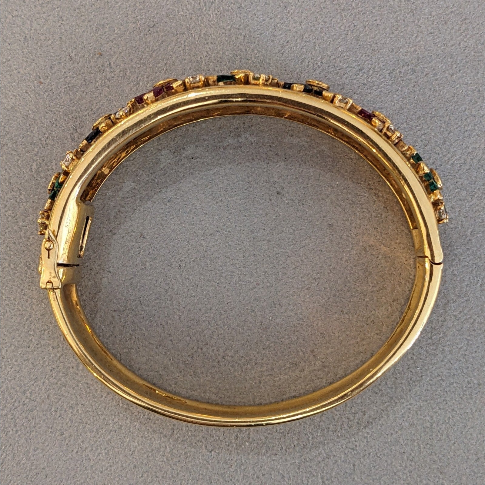 Wide Ruby-Sapphire-Emerald-Diamond Bangle Bracelet in 18k Yellow Gold
