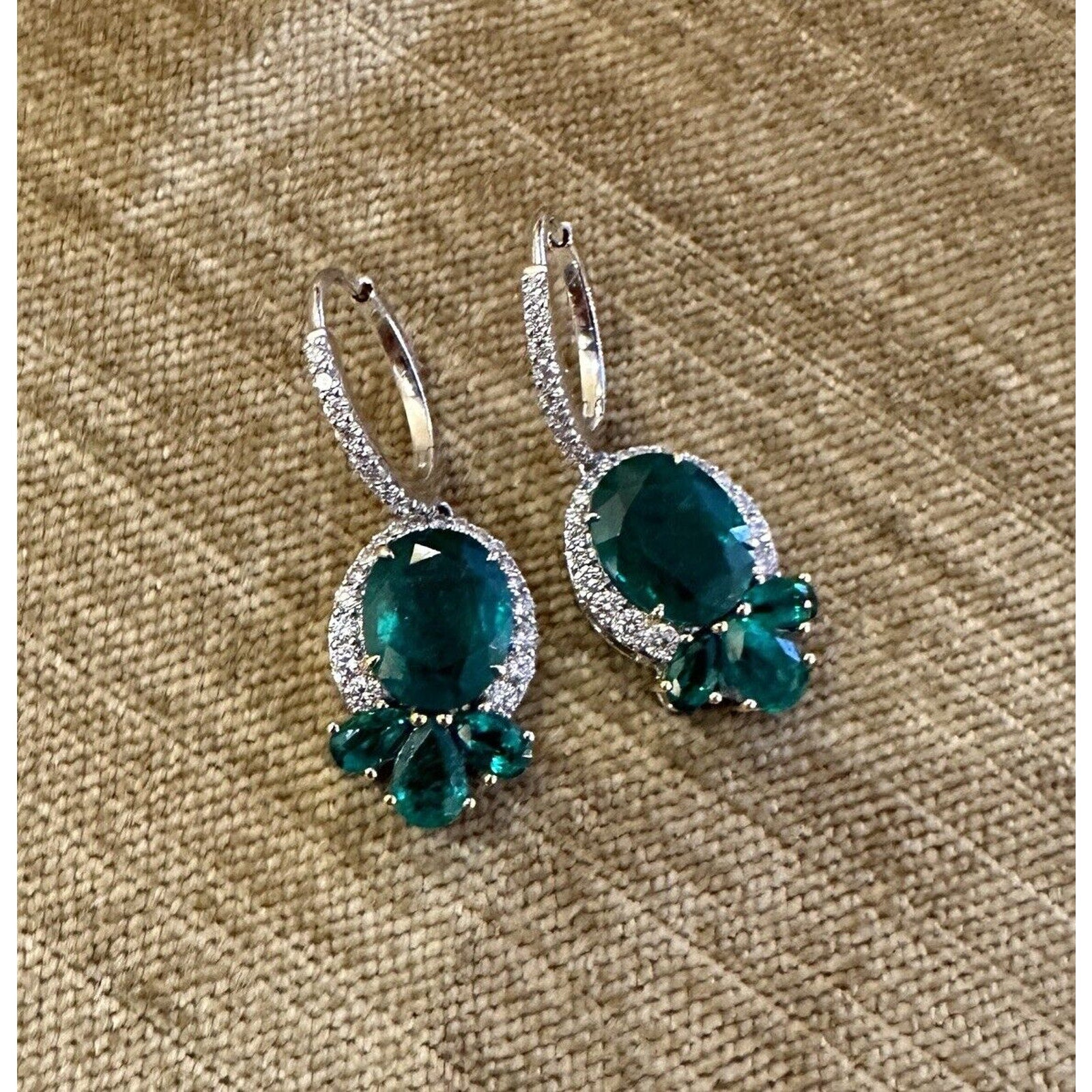 Oval Emerald and Diamond Drop Earrings in 18k White Gold