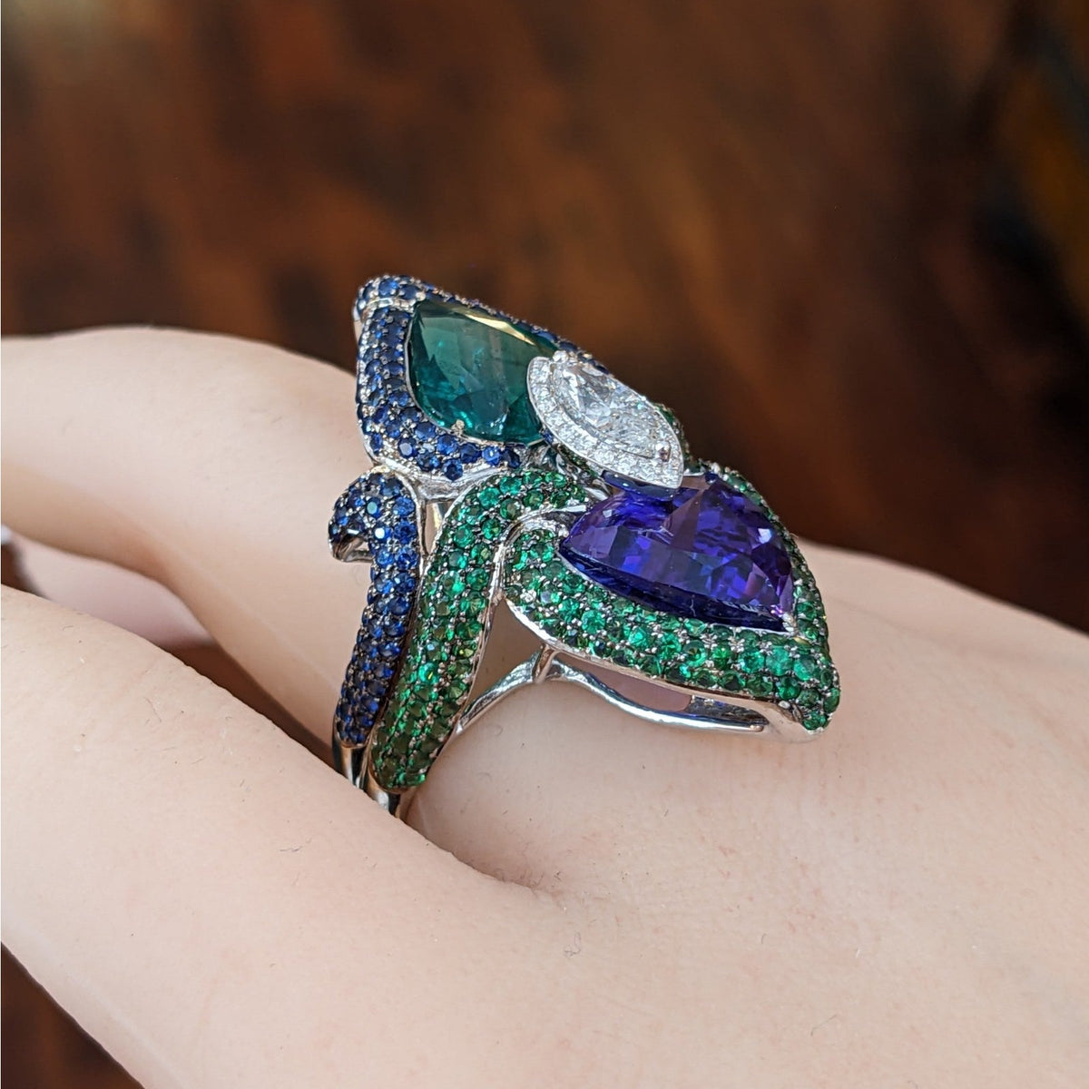 GIA Natural Emerald and Tanzanite and Diamond Ring in 18k White Gold