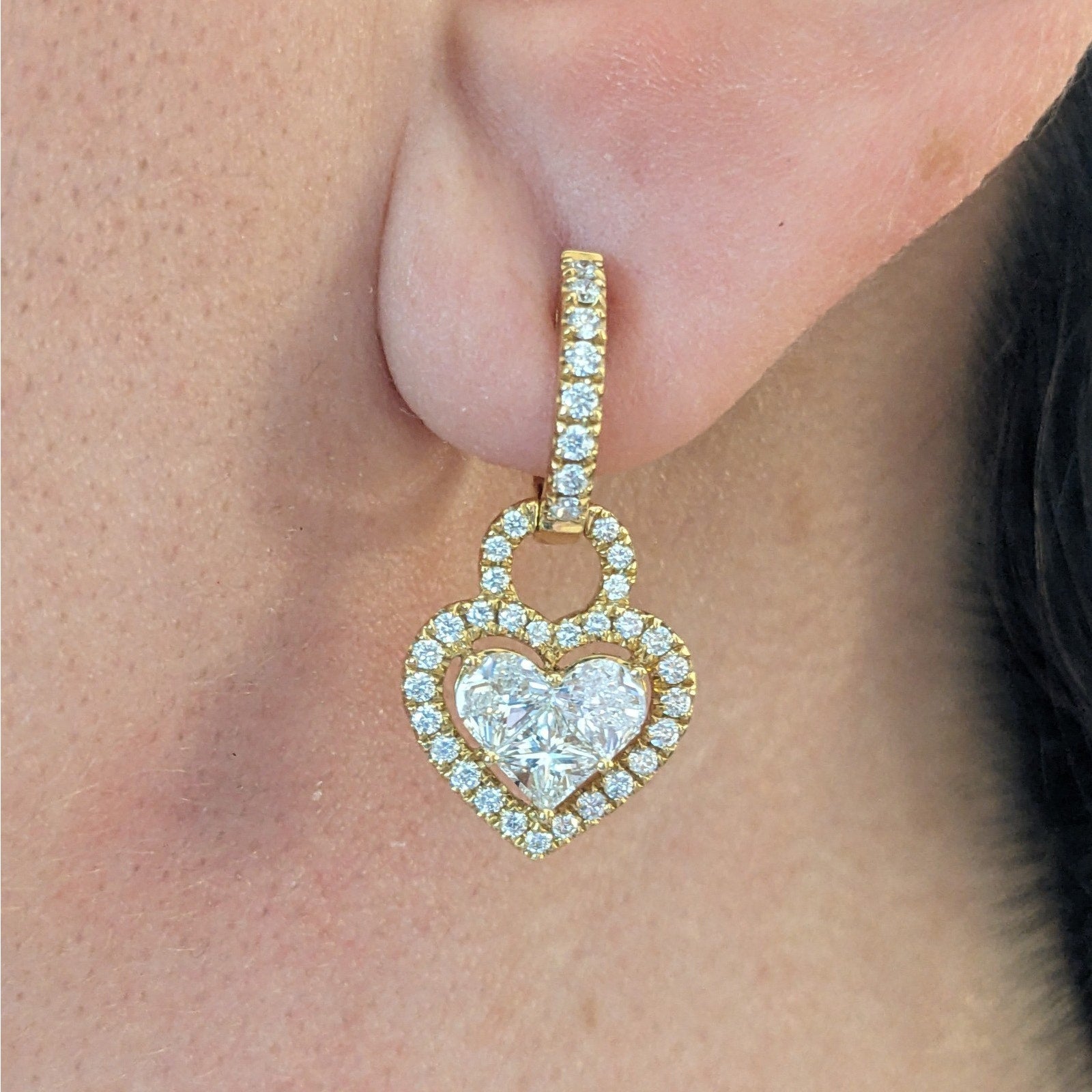 Round & Fancy Cut Diamond Heart Earrings 2.10 ctw in 18k Yellow Gold