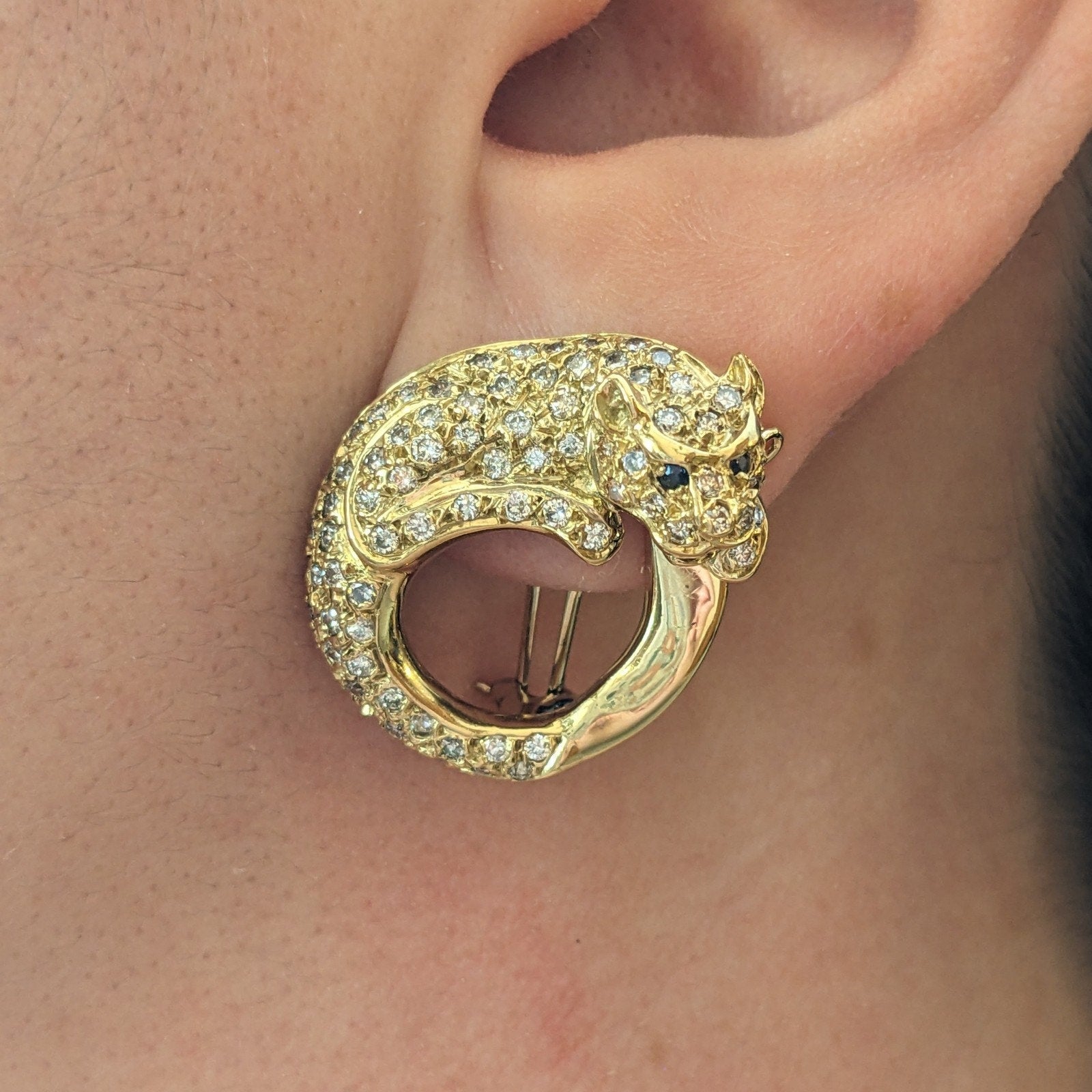 Circle Panther Earrings with Pave Diamonds in 18k & 14k Yellow Gold
