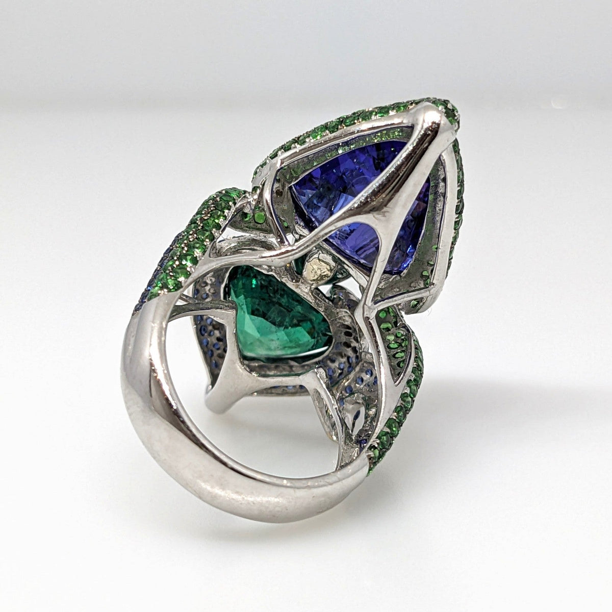 GIA Natural Emerald and Tanzanite and Diamond Ring in 18k White Gold