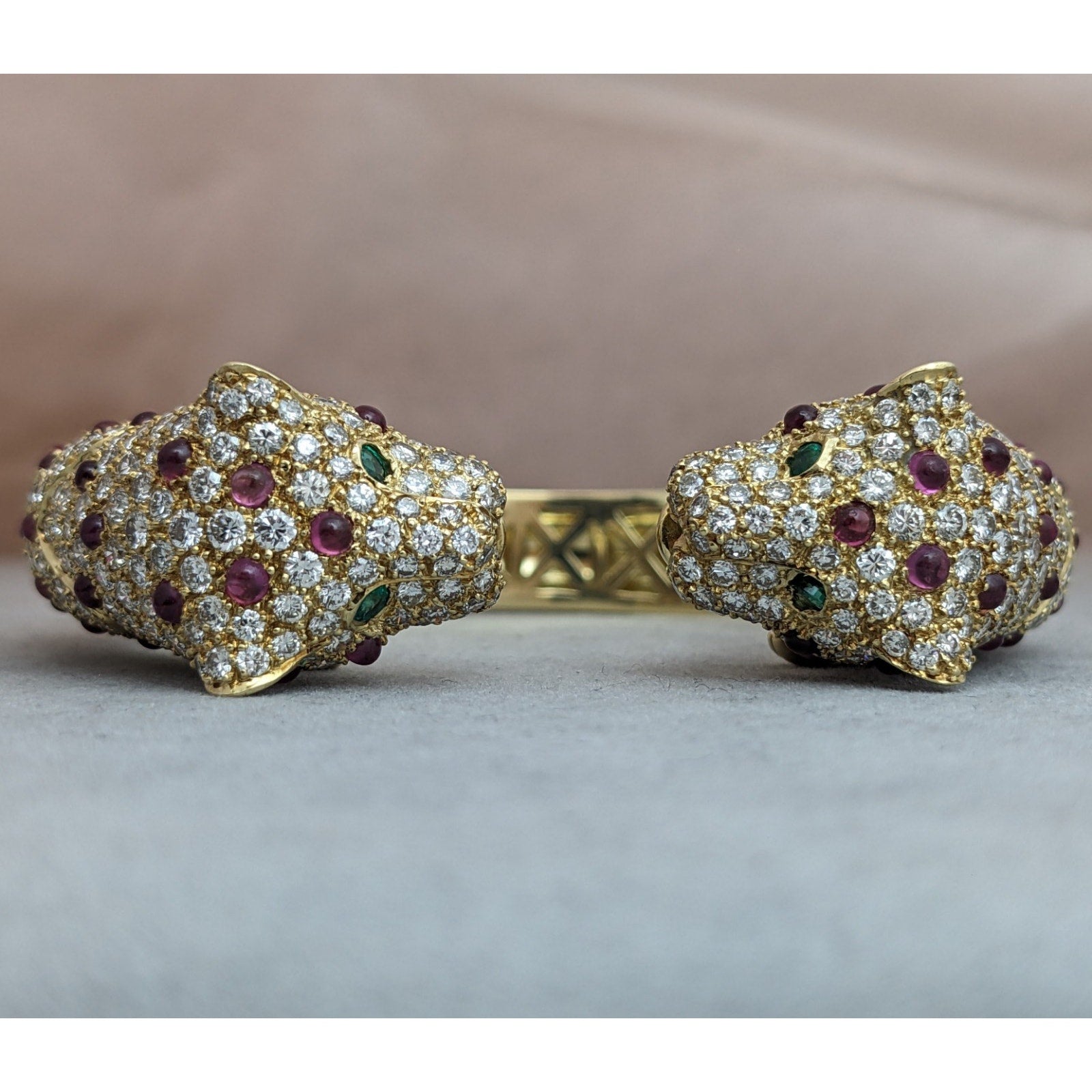 Ruby and Diamond Pave Panther Head Bangle Bracelet in 18k Yellow Gold