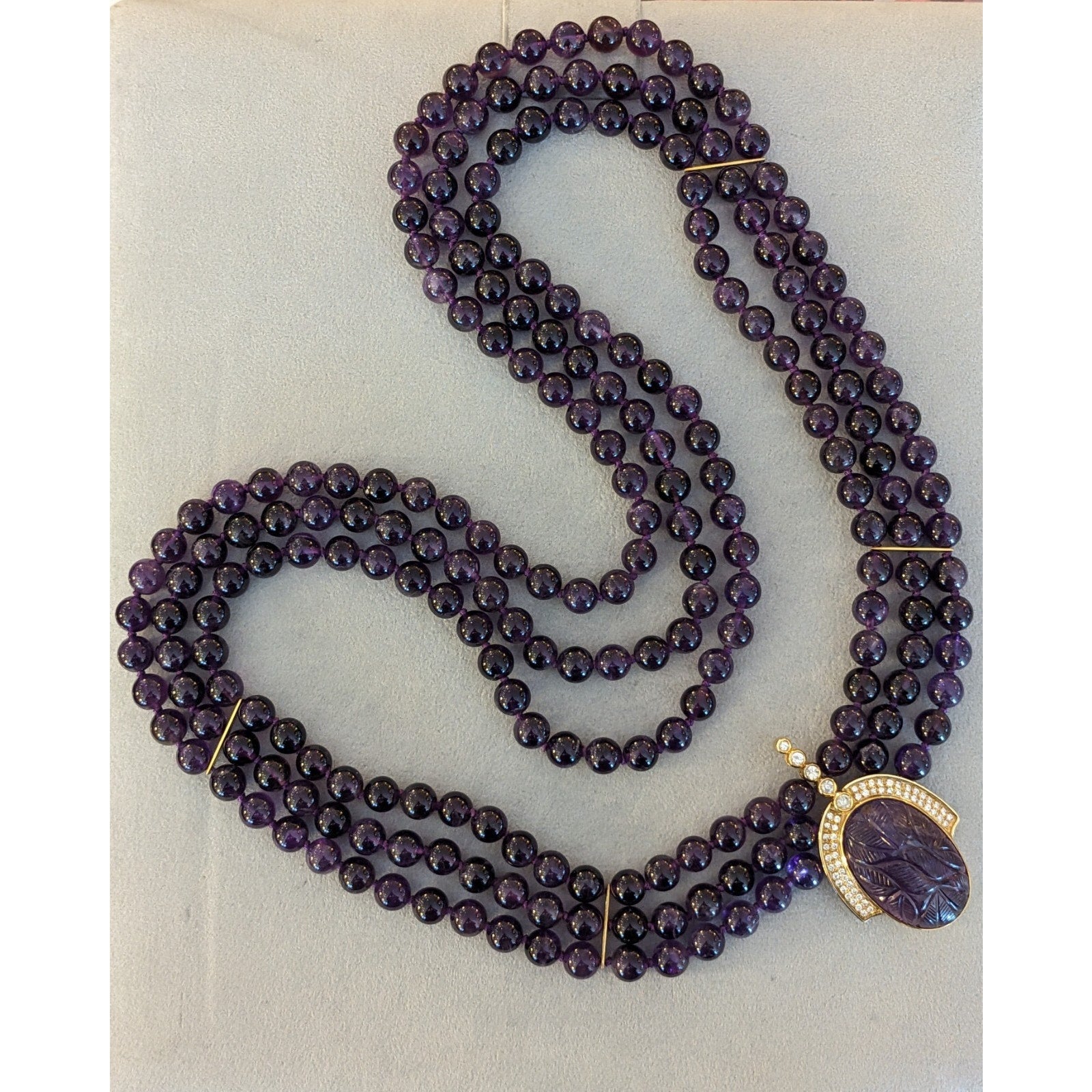 Carved Amethyst and Diamond Pendant Bead Necklace in 18k Yellow Gold