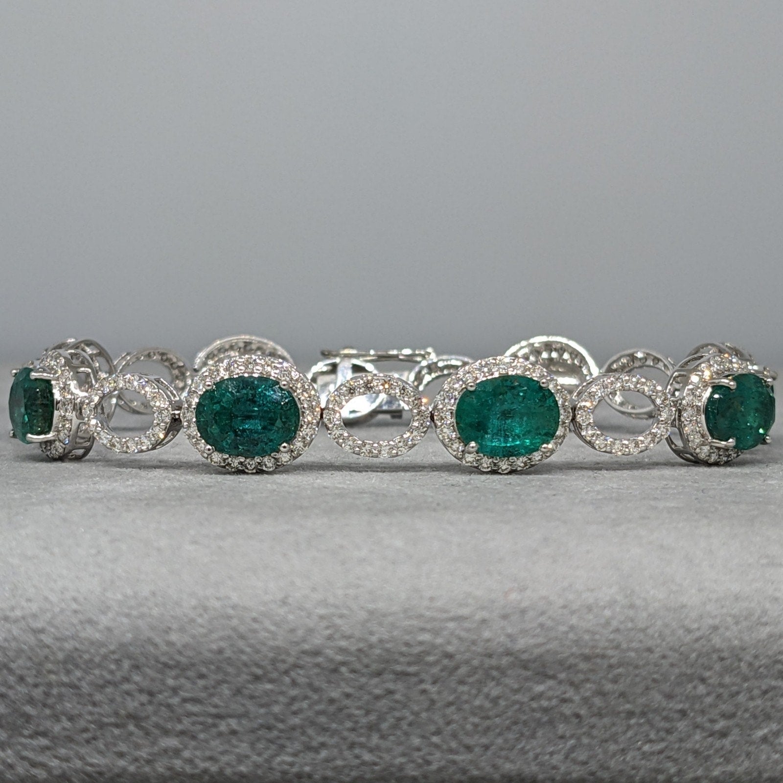 GIA Oval Emerald and Diamond Link Bracelet in 18k White Gold