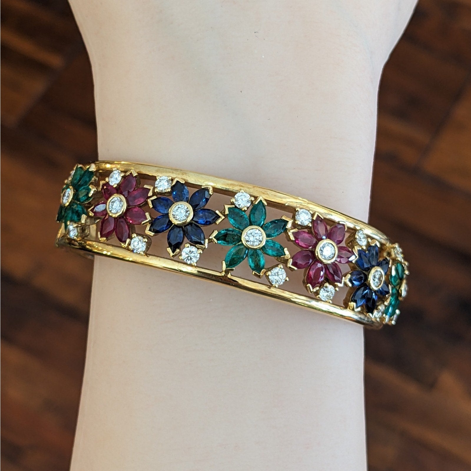Wide Ruby-Sapphire-Emerald-Diamond Bangle Bracelet in 18k Yellow Gold