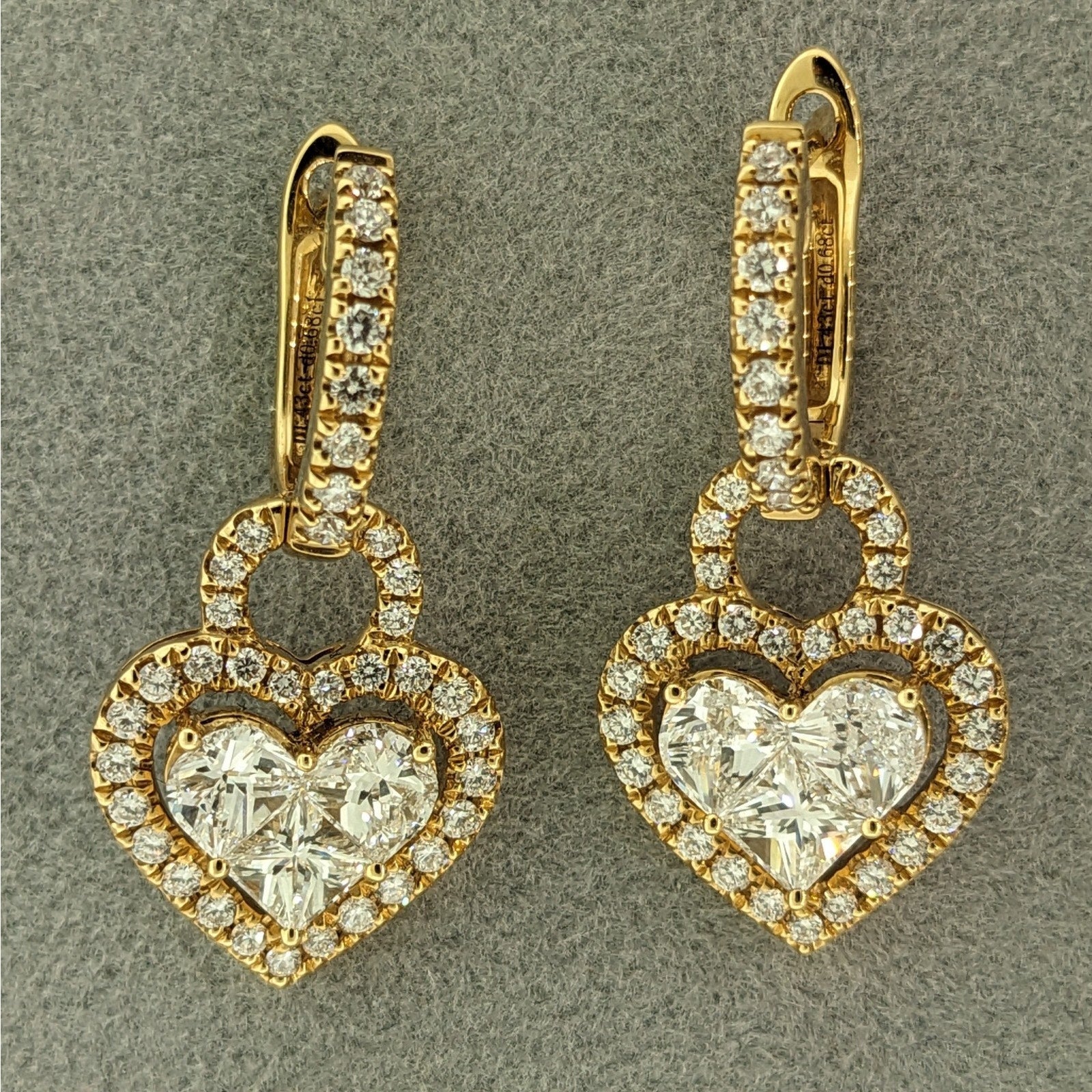 Round & Fancy Cut Diamond Heart Earrings 2.10 ctw in 18k Yellow Gold