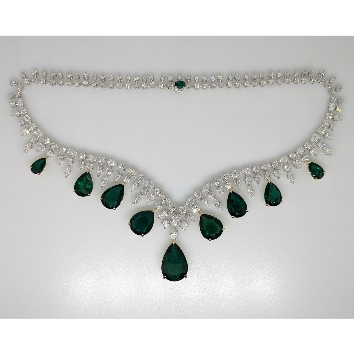 AGL Emerald & Diamond Fringe Bib Statement Necklace in 18k White Gold