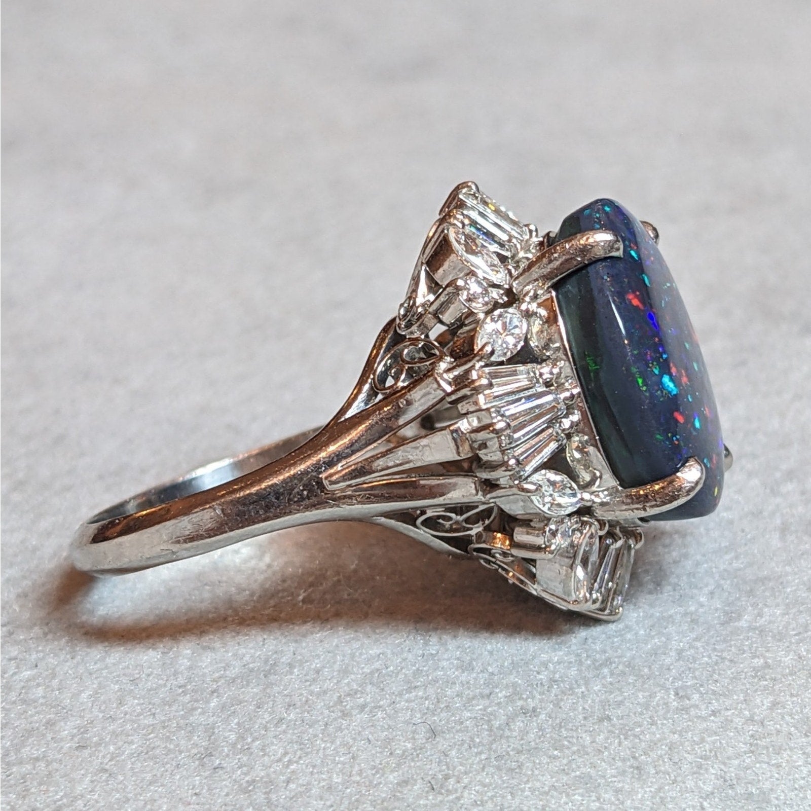 Natural 6.67 ct Black Opal & Diamond Ring in Platinum