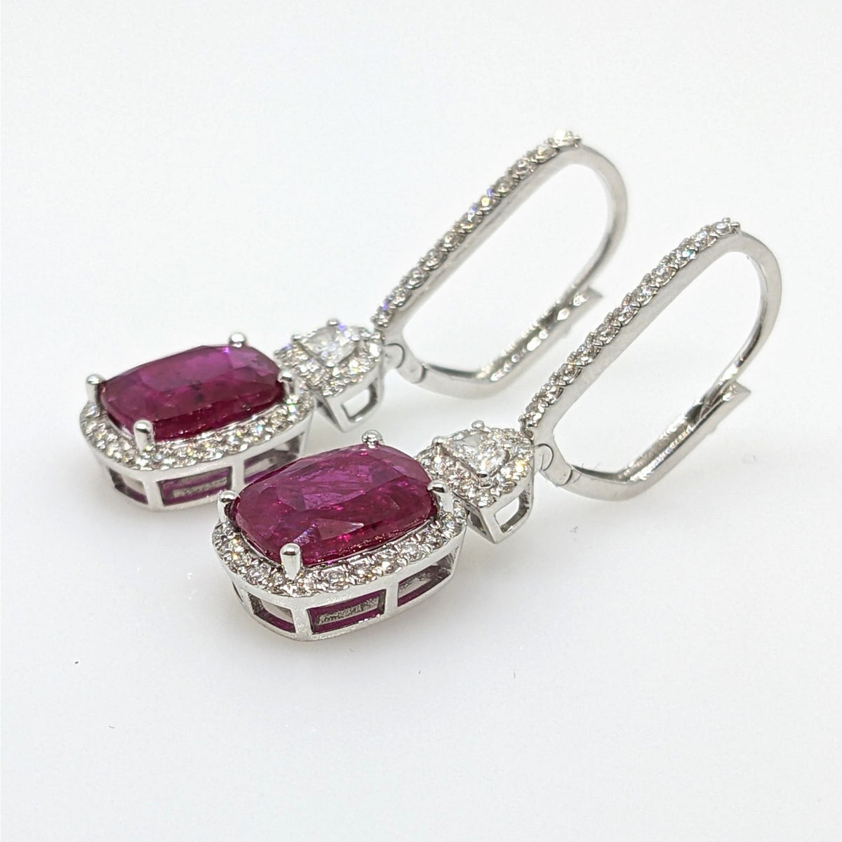 GIA Unheated Cushion Ruby & Diamond Drop Earrings in 18k White Gold
