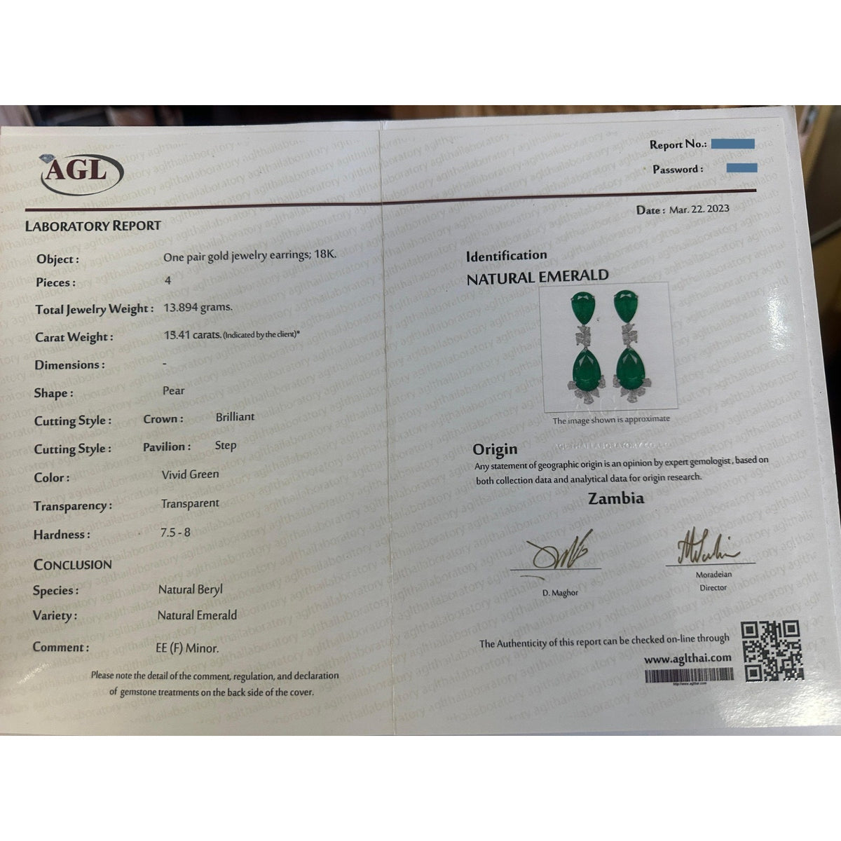 AGL Pear Emerald & Diamond Necklace Earrings Set in 18k White Gold