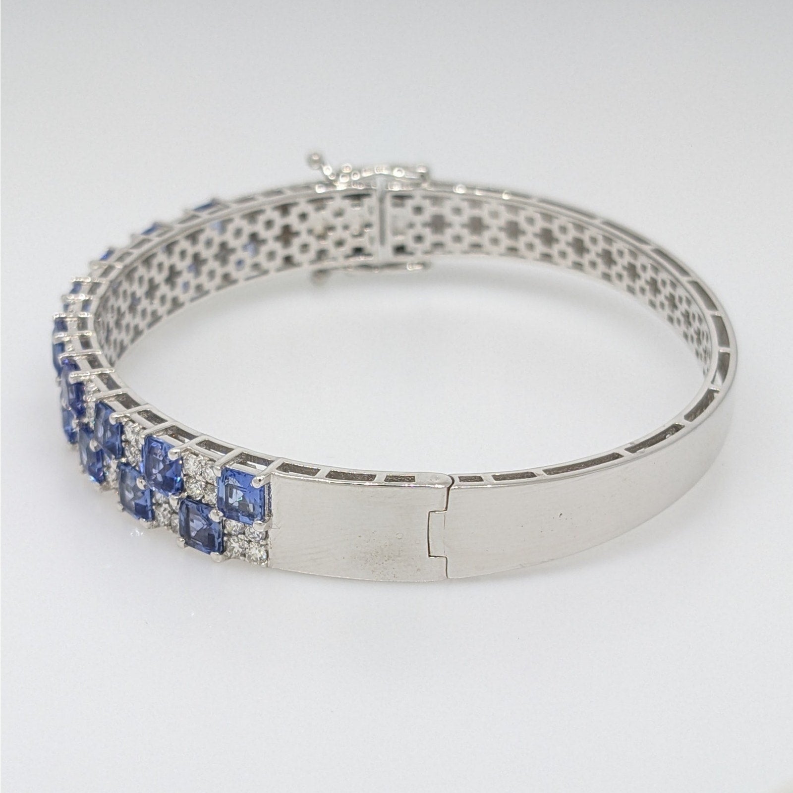 Natural Sapphire and Diamond Bangle Bracelet in 14k White Gold
