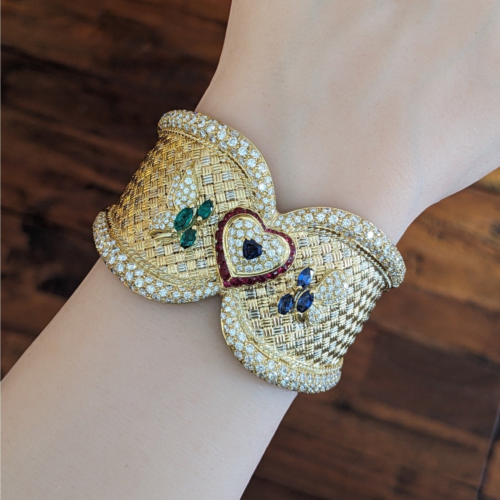 Ruby, Emerald, Sapphire and Diamond Cuff Bracelet in 18k Gold