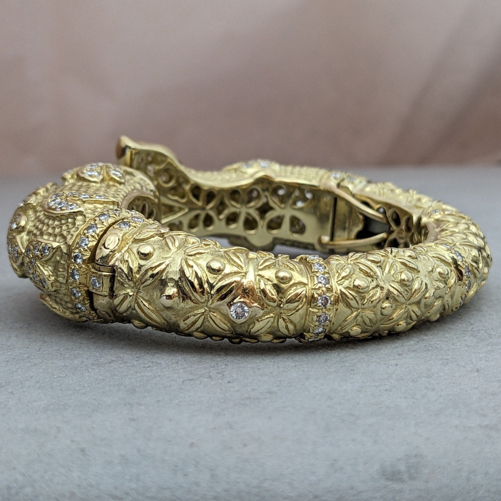 Heavy Diamond Hinged Fish Cuff Bracelet in Textured 18k Yellow Gold