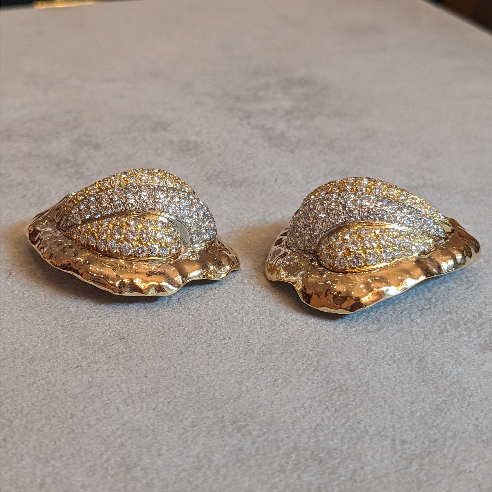 Diamond Pave Seashell Earrings 4.25 ctw in 14k Yellow & White Gold