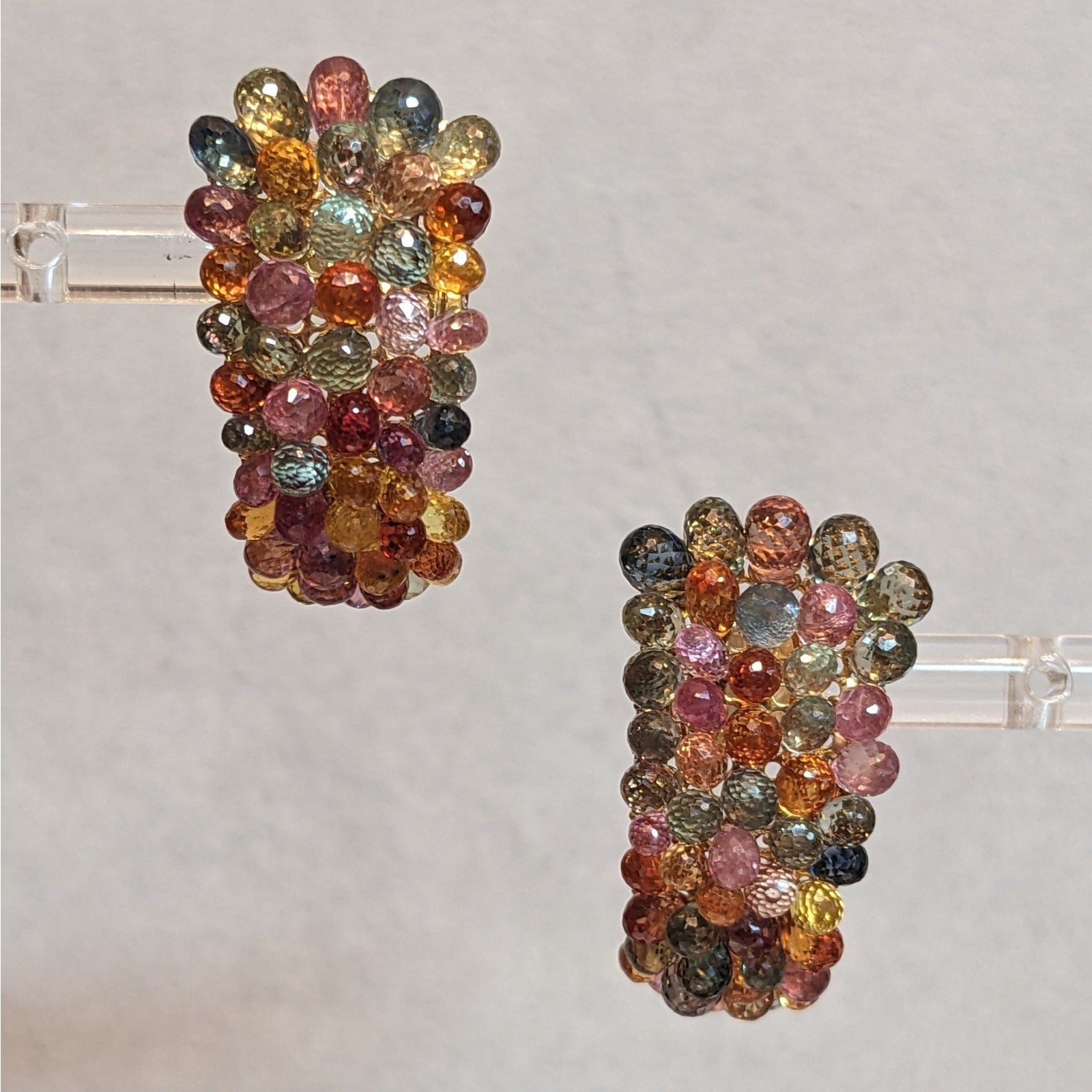 Multicolor Sapphire Briolette and Diamond Earrings in 18k Yellow Gold