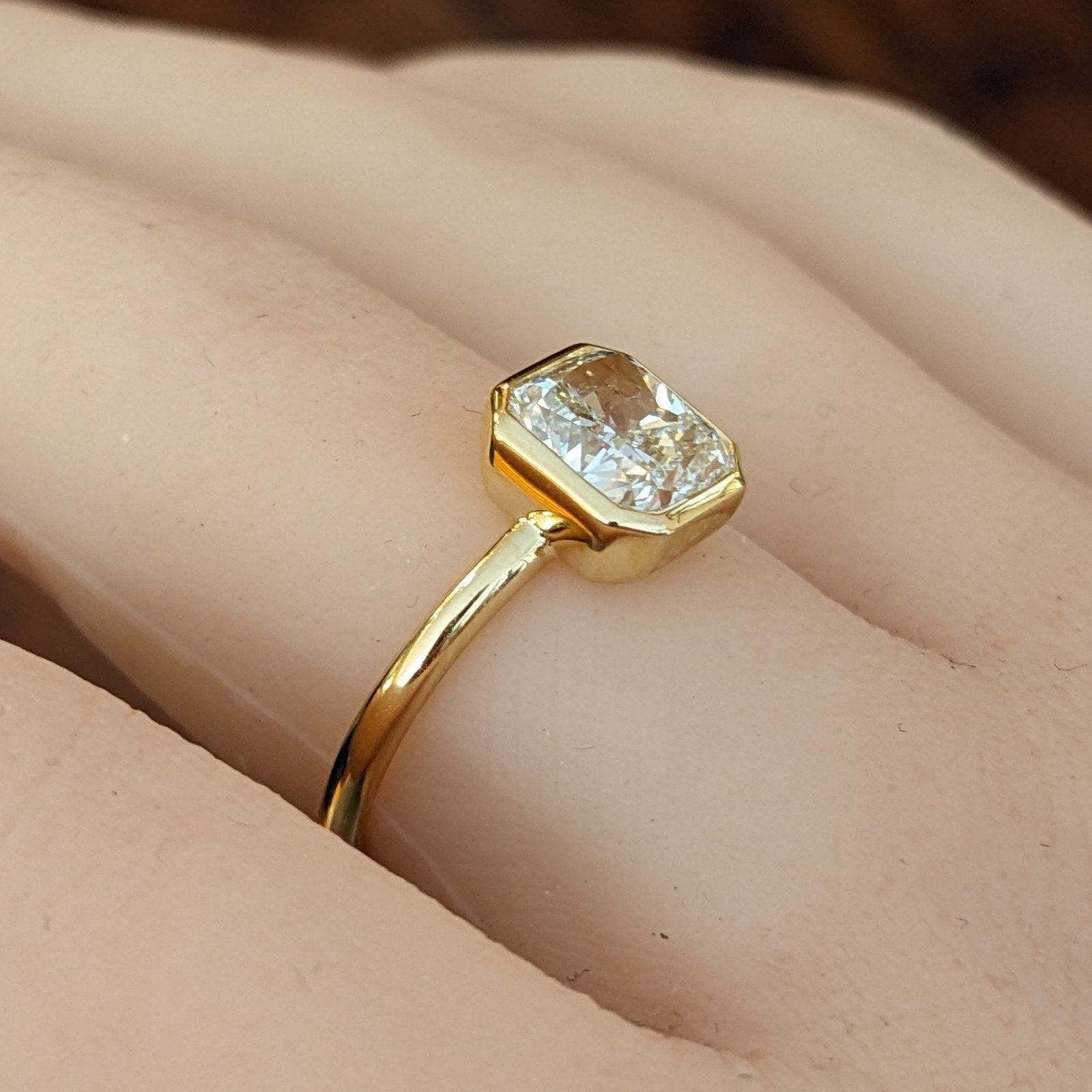 GIA Bezel Set Natural Cushion Diamond Ring in 18k Yellow Gold
