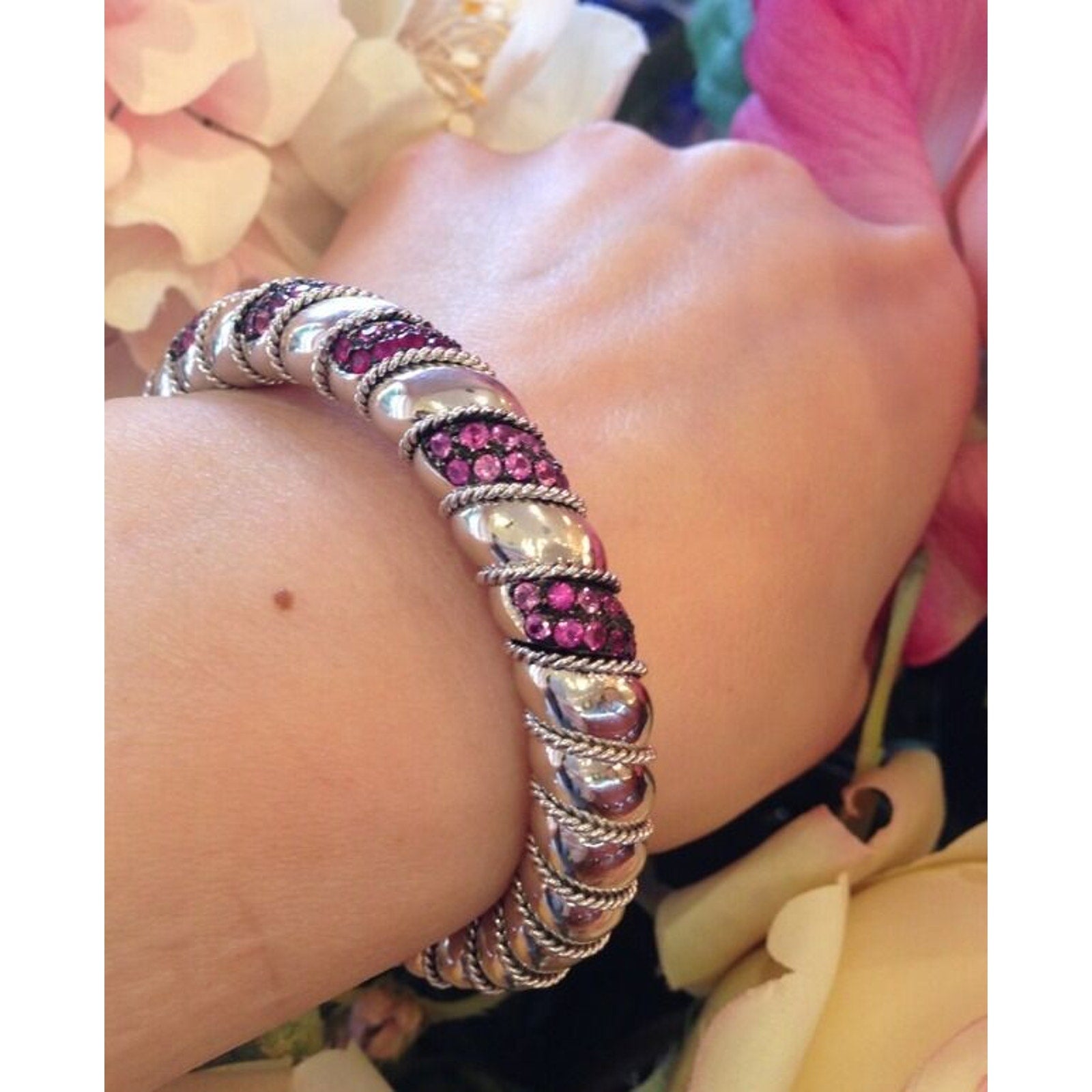 Ruby & Pink Sapphire Cuff Bangle Bracelet 3cts 18K White Gold