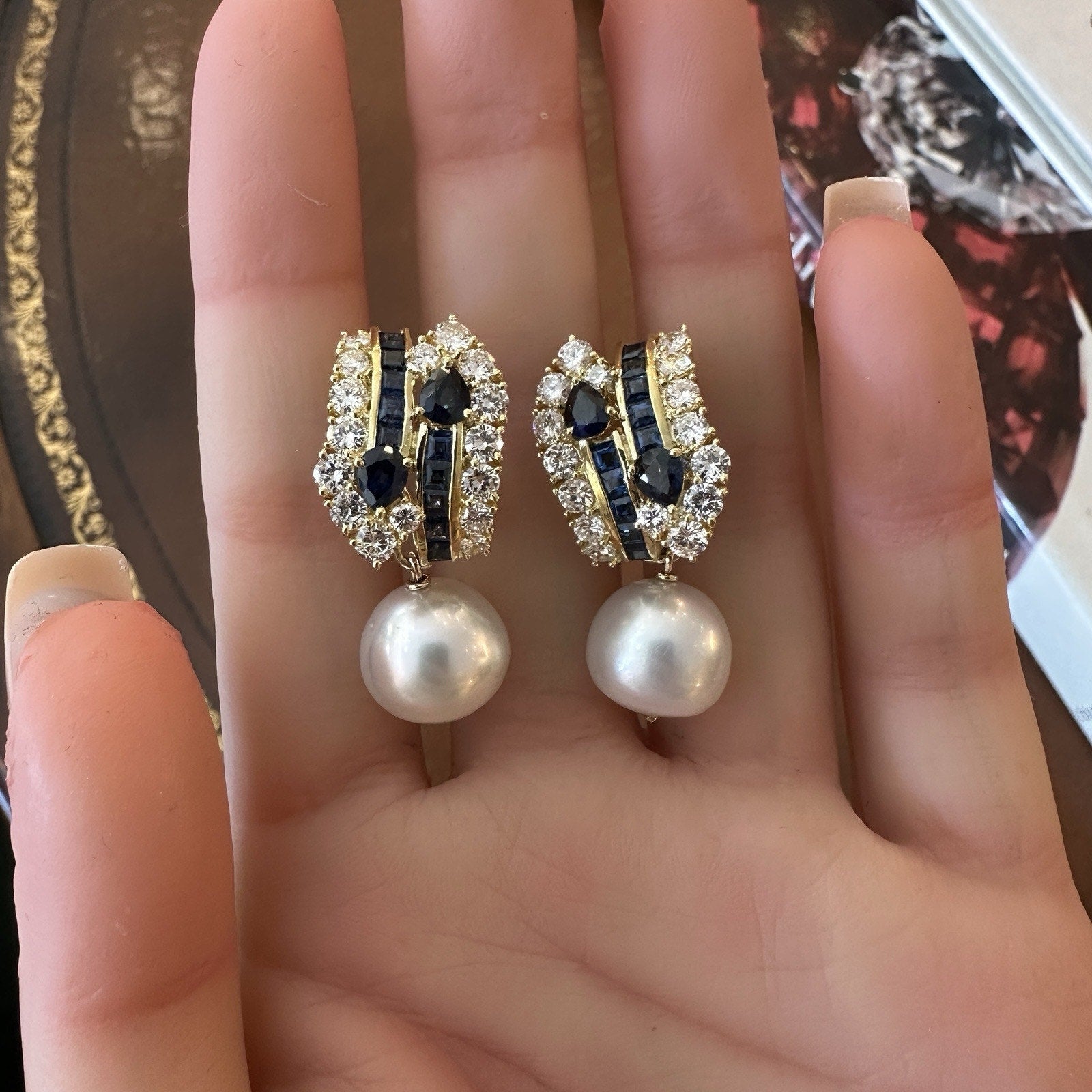 Natural Sapphire and Diamond Earring with Pearl Drop in 18k Yellow Gold