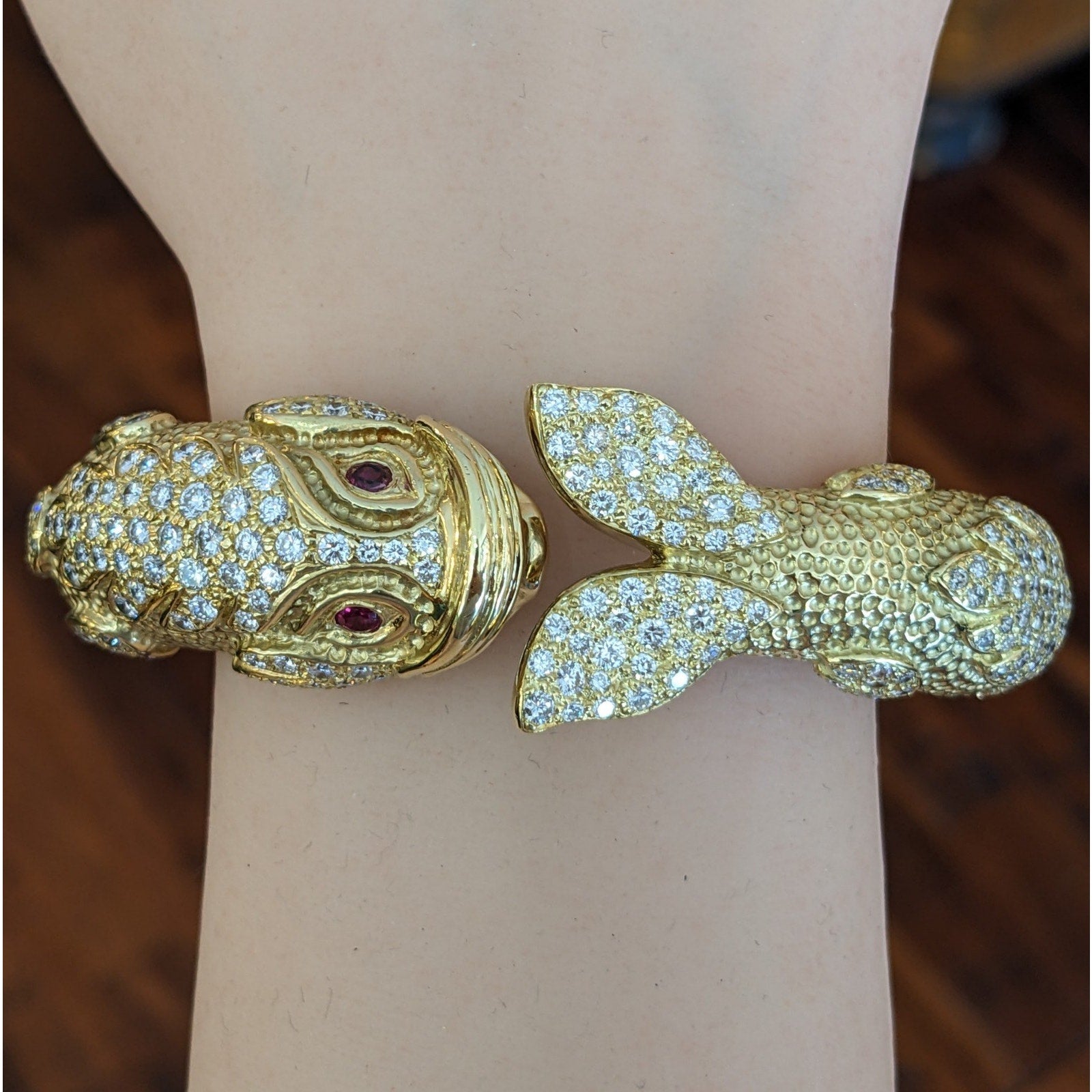 Heavy Diamond Hinged Fish Cuff Bracelet in Textured 18k Yellow Gold