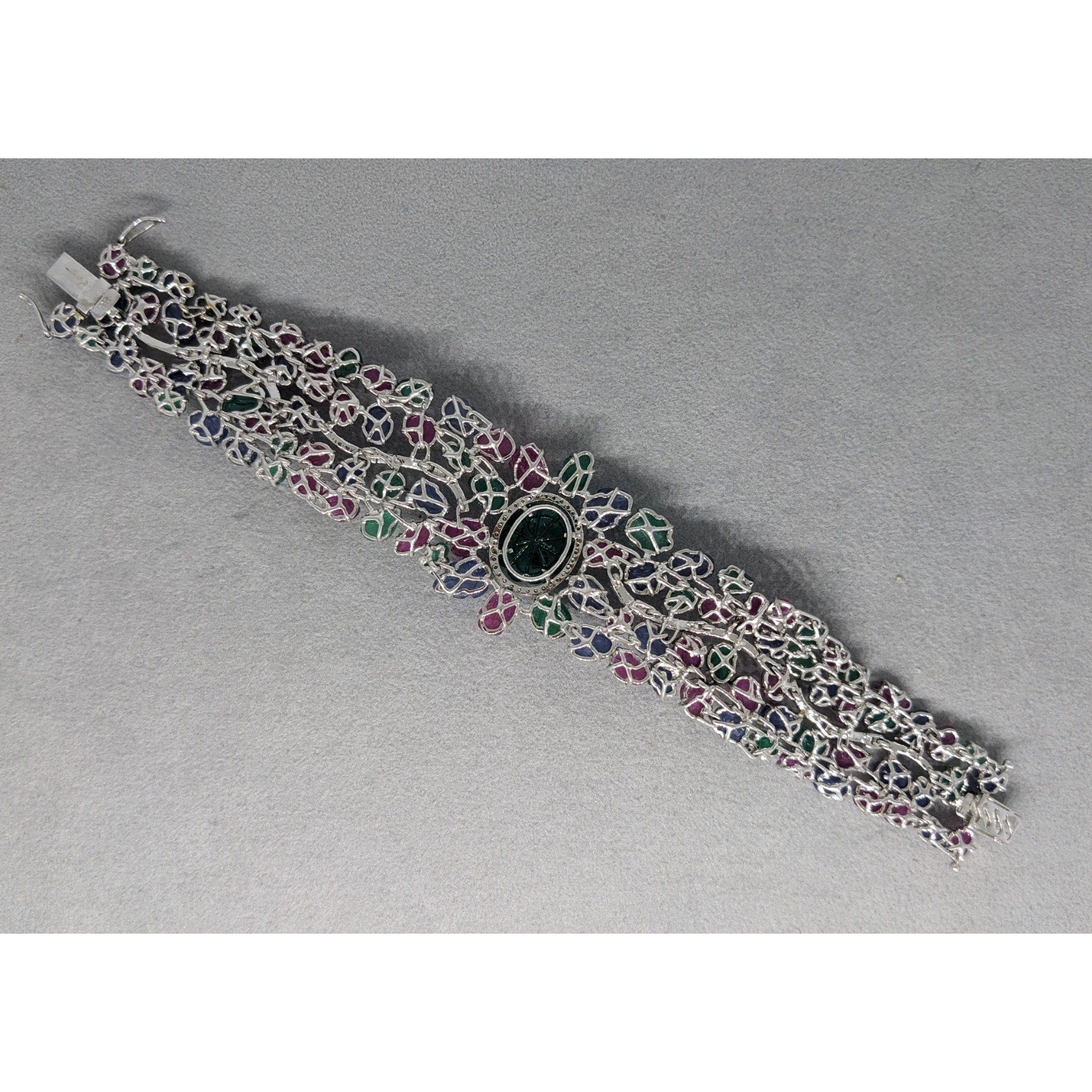 Carved Emerald, Ruby & Sapphire Bracelet with Diamonds in 18k White Gold