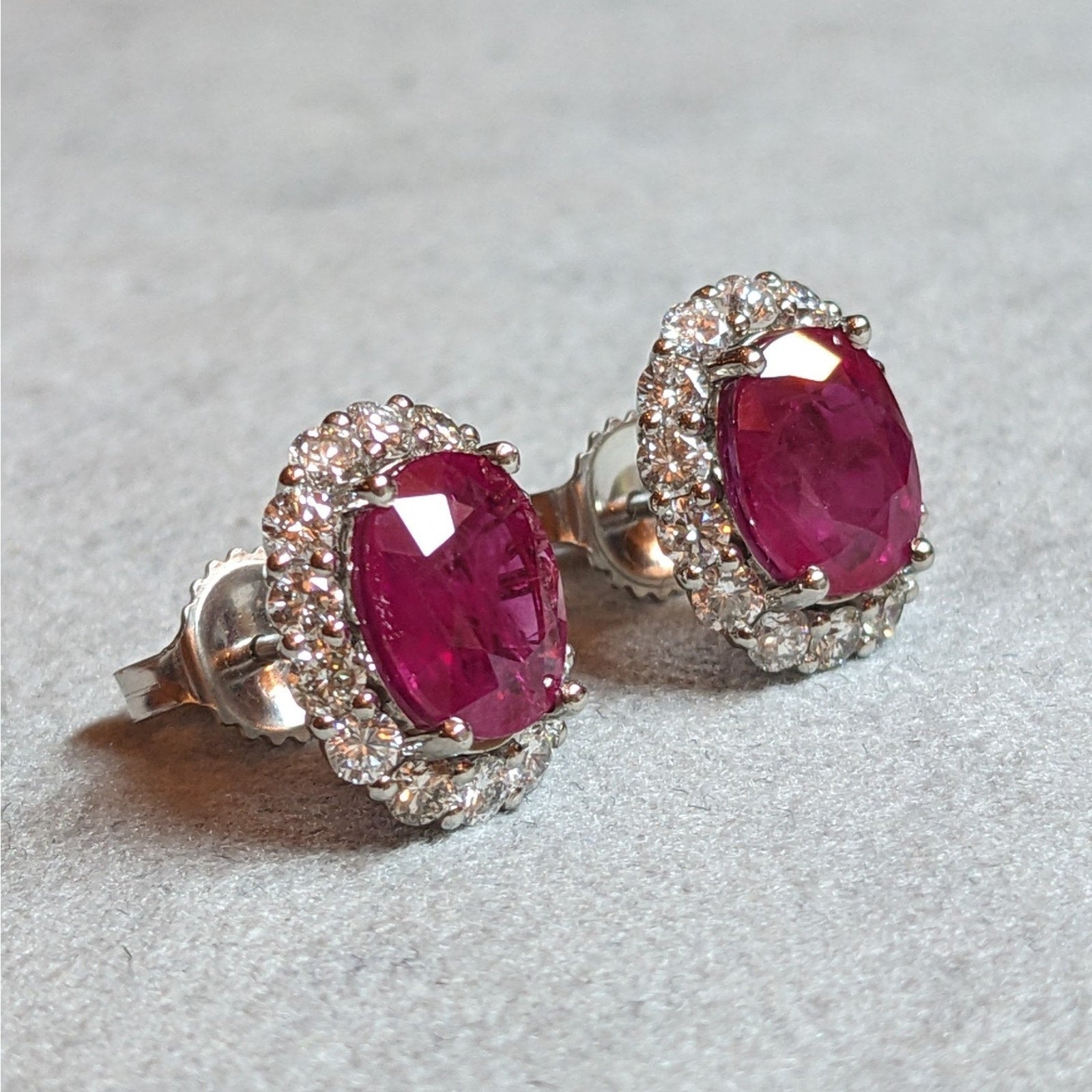 GIA Natural Burma Ruby Oval Stud Earrings with Diamonds in Platinum & 14k White Gold