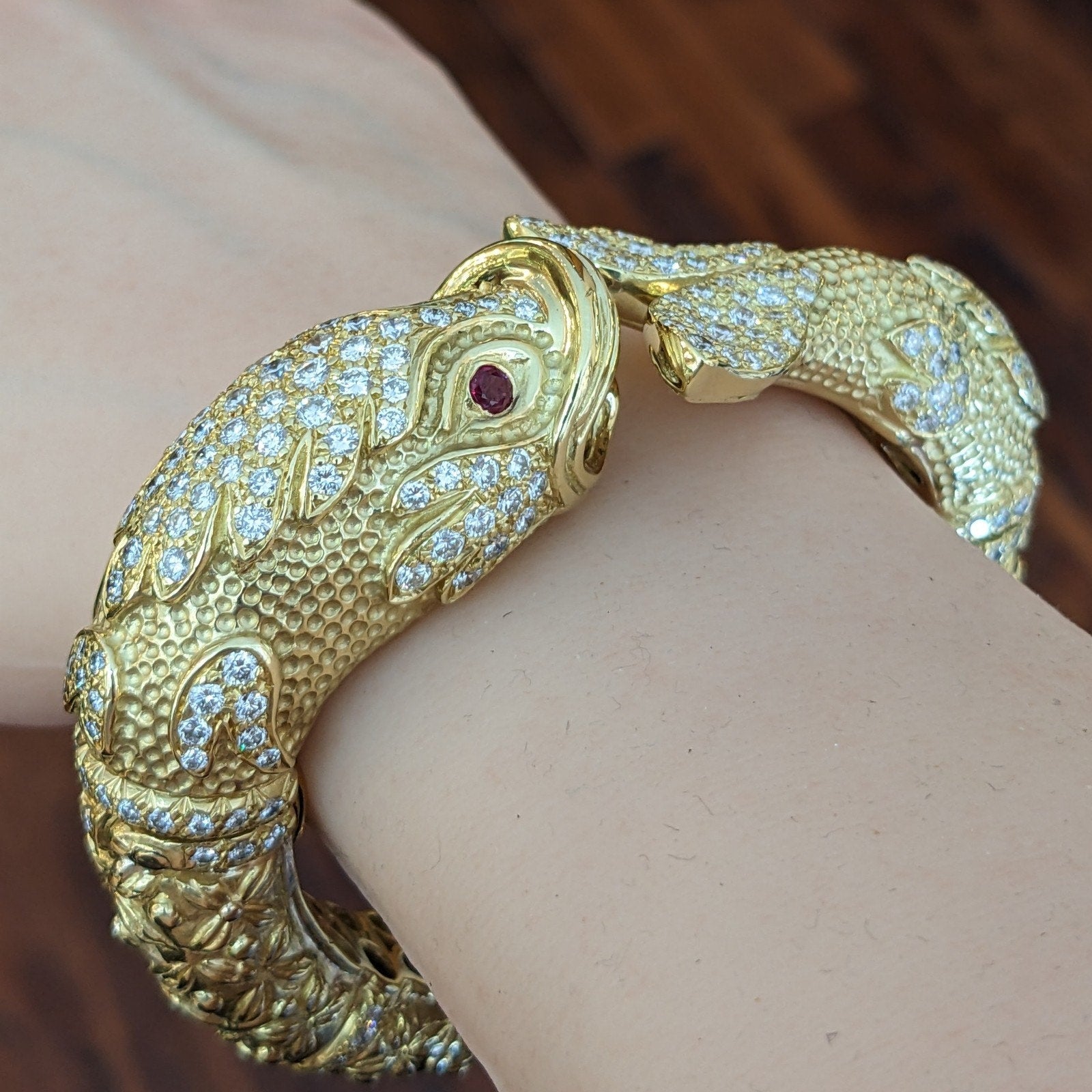 Heavy Diamond Hinged Fish Cuff Bracelet in Textured 18k Yellow Gold