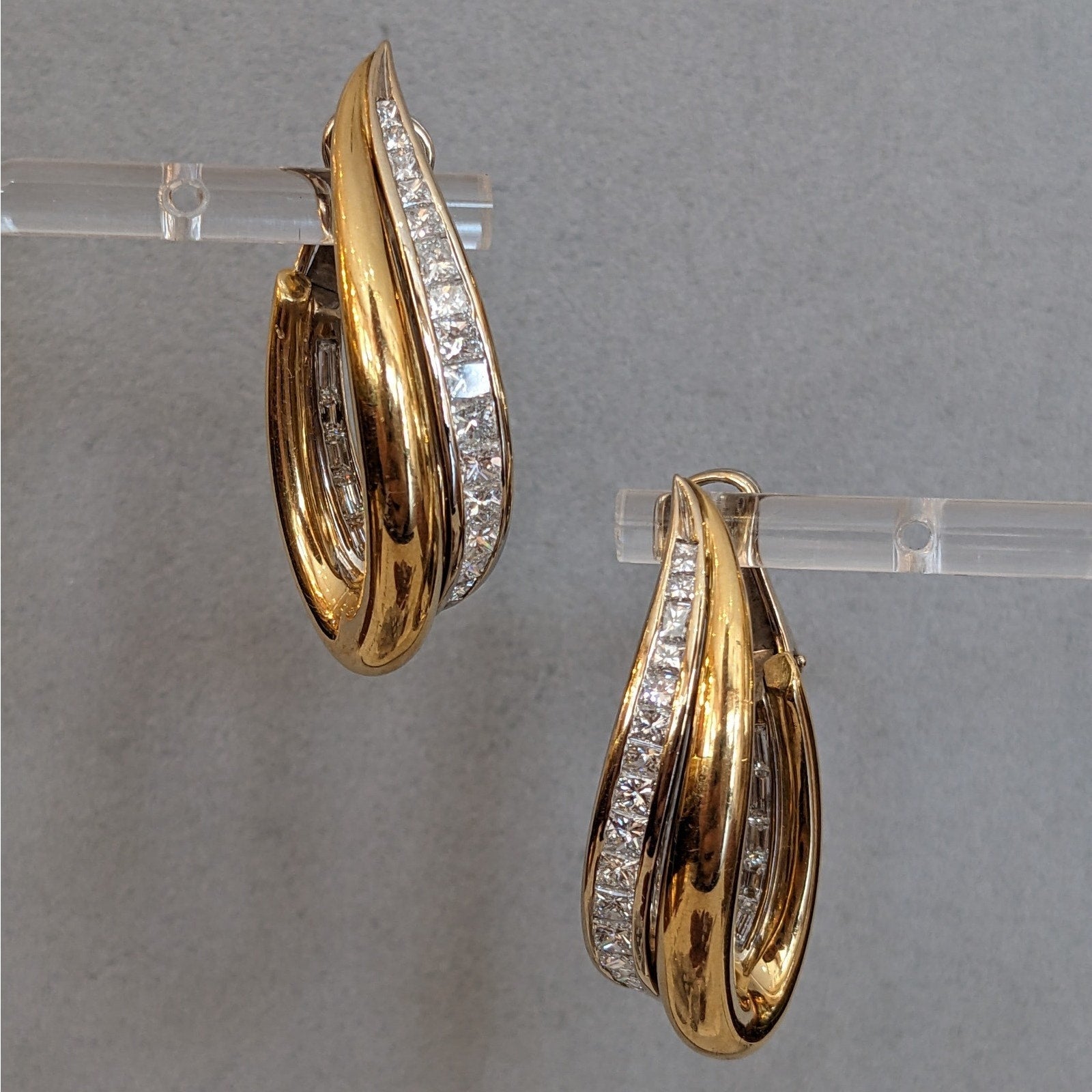 Princess and Baguette Diamond Hoop Earrings in 18k White/Yellow Gold