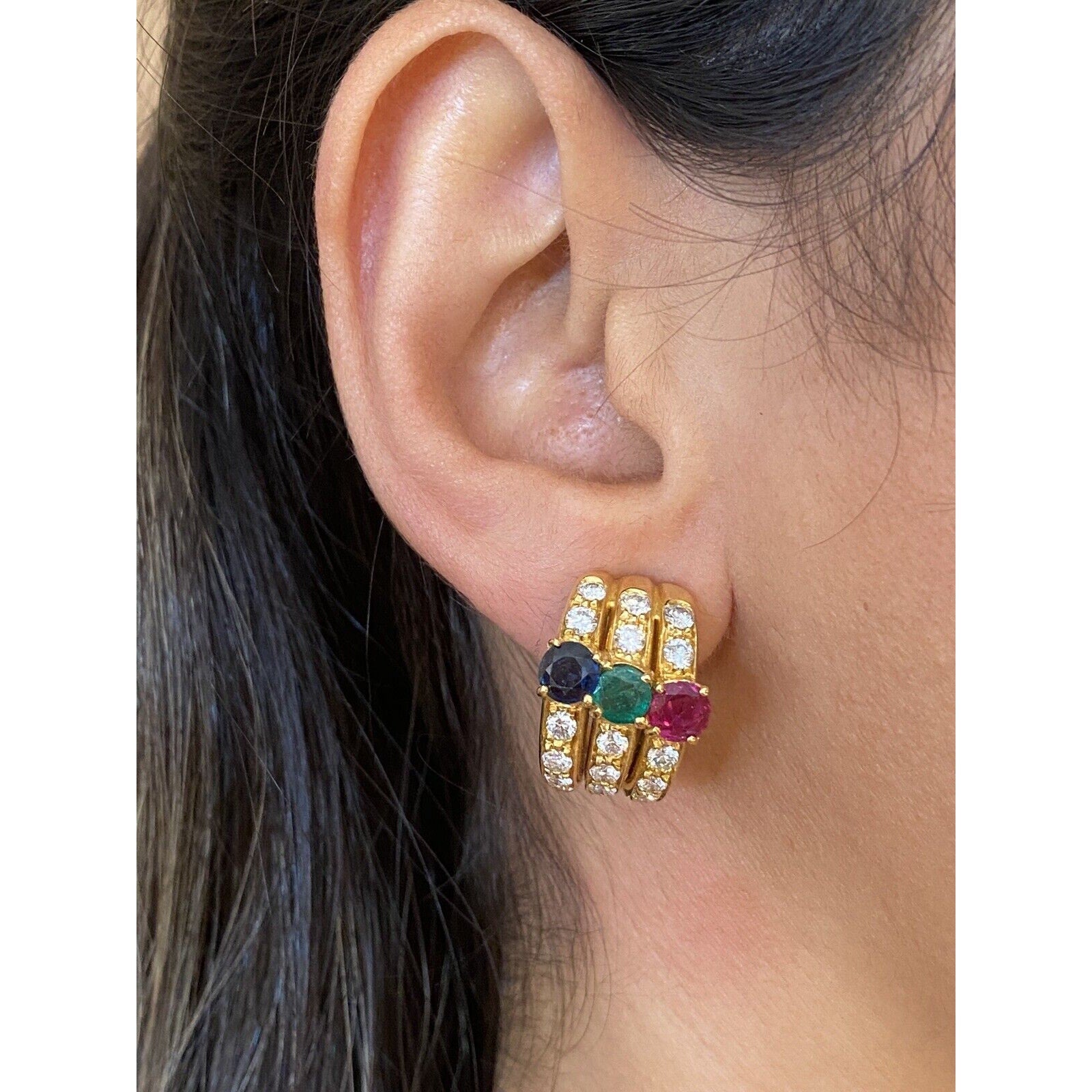 Diamond, Ruby, Emerald, Sapphire Half Hoop Earrings in 18k & 14k Yellow Gold