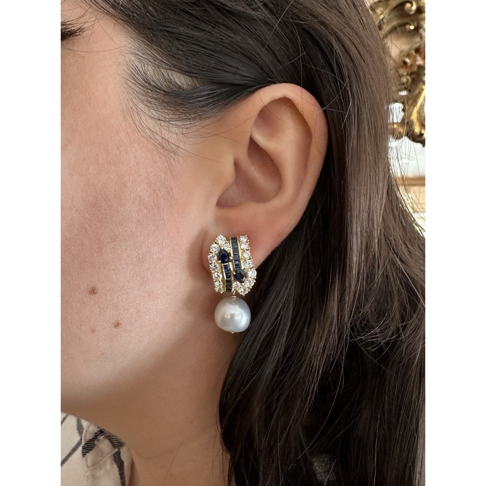Natural Sapphire and Diamond Earring with Pearl Drop in 18k Yellow Gold