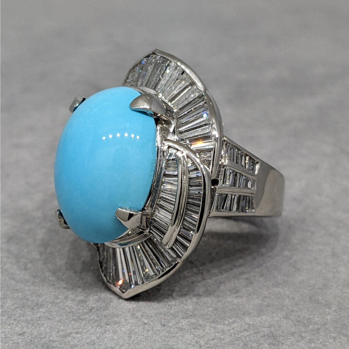 Large Turquoise and Baguette Diamond Cocktail Ring in Platinum