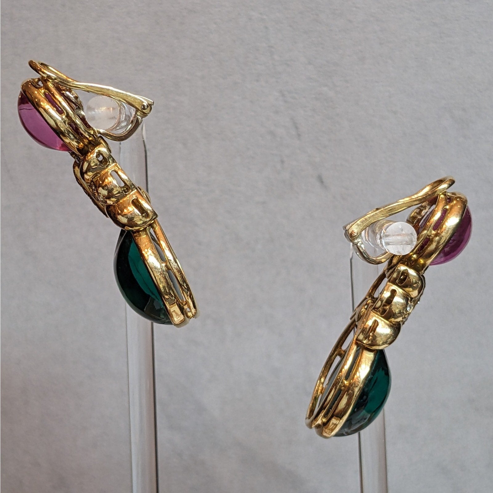 Pink Sapphire, Green Tourmaline & Diamond Drop Earrings in 18k Gold