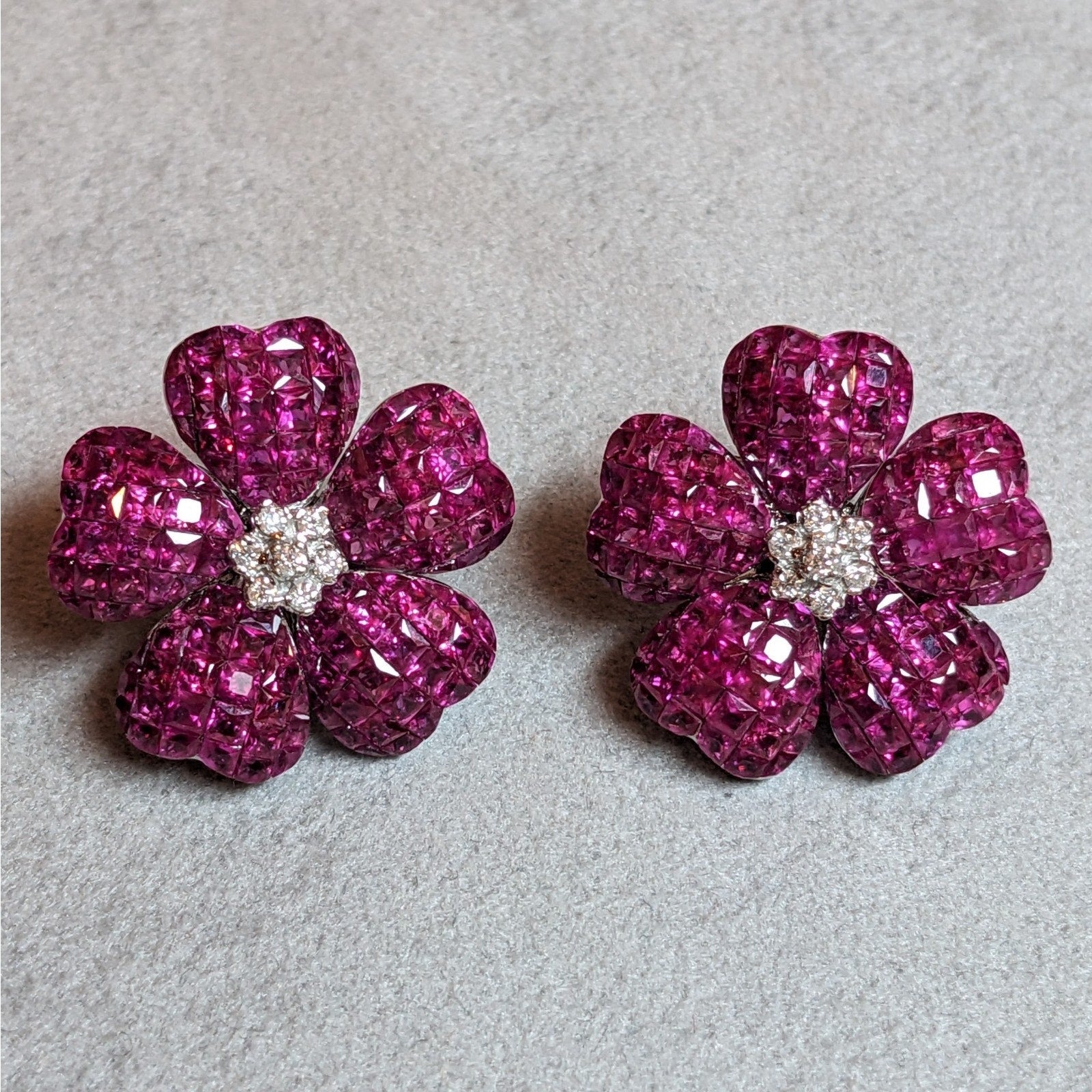 Natural Ruby Mystery Set Flower Earrings with Diamonds in 18k White Gold