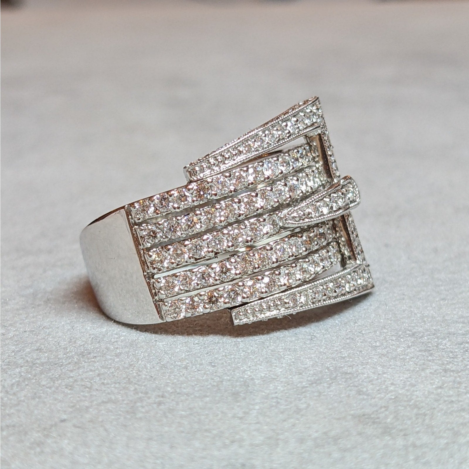 Wide Five Row Diamond Buckle Ring in 14k White Gold