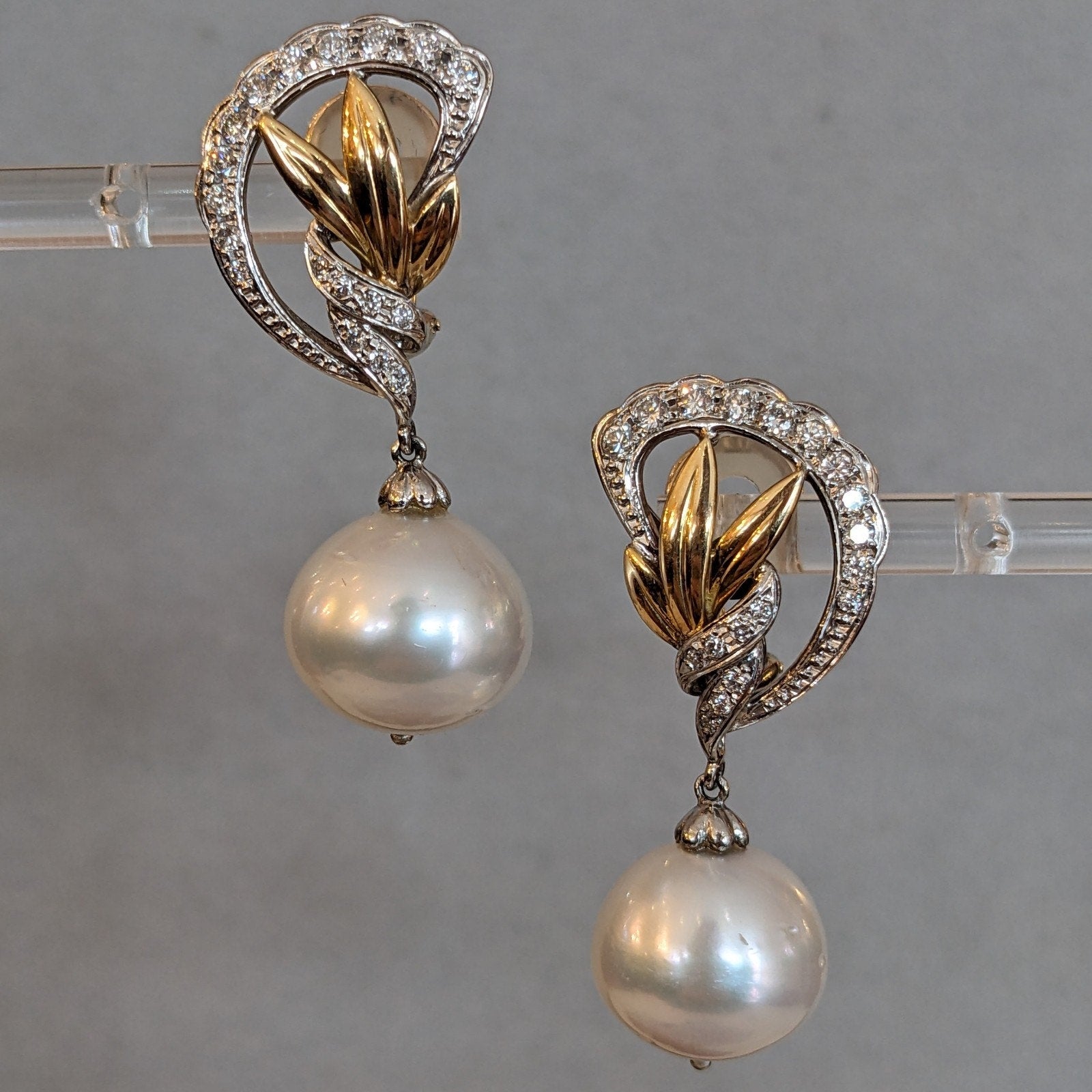 South Sea Pearl and Diamond Dangle Earrings in Gold and Platinum
